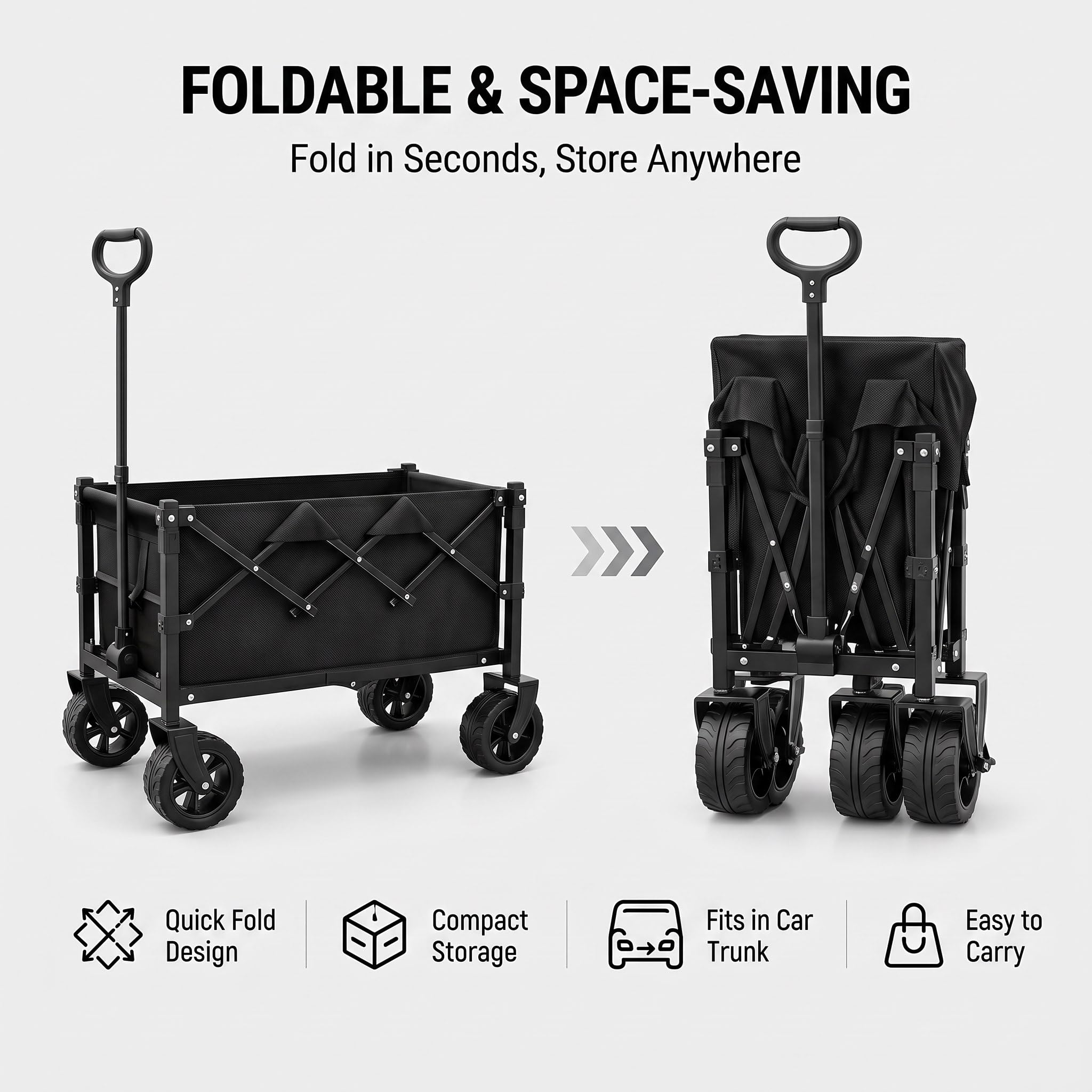 Chariot de transport pliable avec roues tout-terrain et poignée | Chariot d'extérieur robuste avec tissu Oxford, idéal pour le camping, la plage, le jardinage et les courses