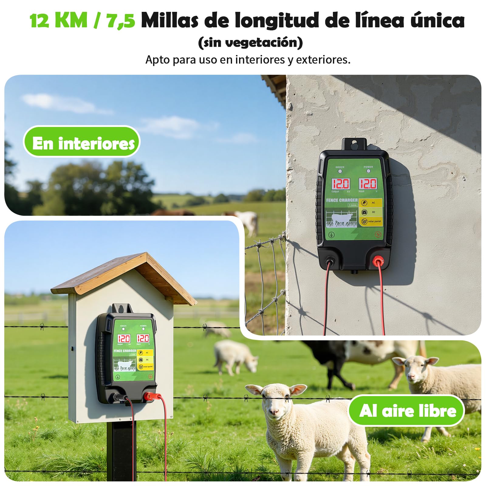 12KM Valla Eléctrica para Ganado y Animales, Electrificador de Cerca con Salida de 12kV 3.0J y Pantalla LCD, Protección para Caballos, Ovejas, Perros, Jardines, Pastos y Granjas ( Negro y verde)