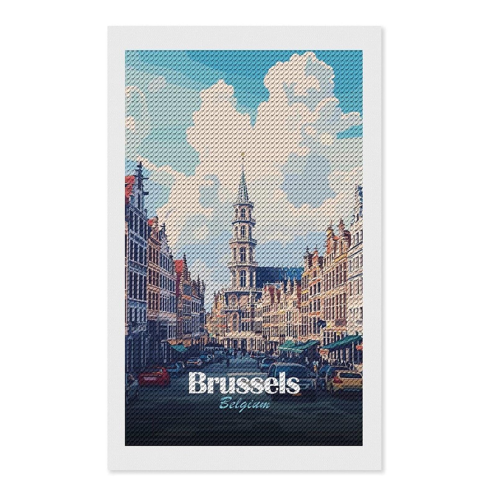 Junmoney Brussels, Belgium Cityscape Illustration(2) DIY Diamond Art Canvas Kit 12"x20", Decorate Your Room, Sparkling Round Gems, Fun Craft Experience, Farmhouse Decor