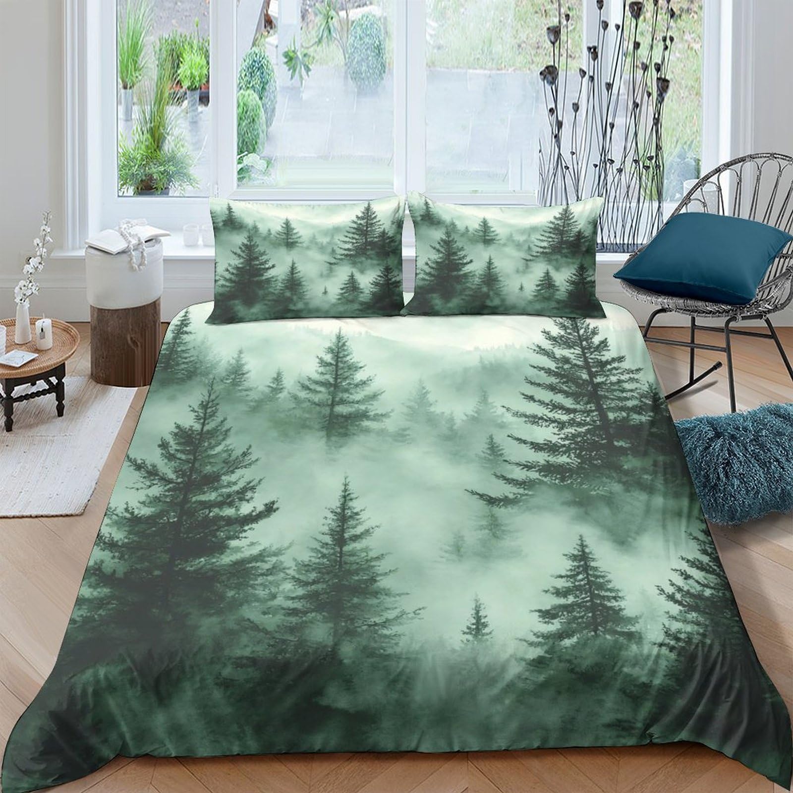 Ctjqhvkz Style-1 3D Printed Misty Forest Fitted Sheet Microfiber Soft Breathable Pine Tree Bed Cover For Bedroom Guest Room Decor Single（135X200cm）
