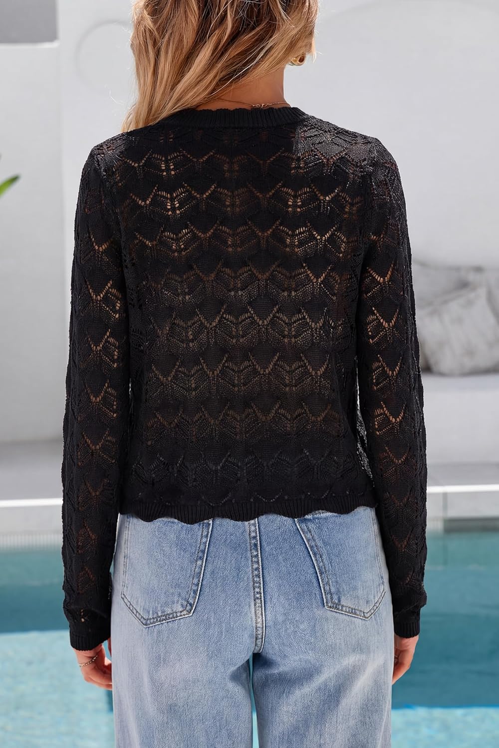 Arach&Cloz Women's Linen Tie Front Crochet Spring Shrug Beach Vacation Cropped Cardigan - Image 5