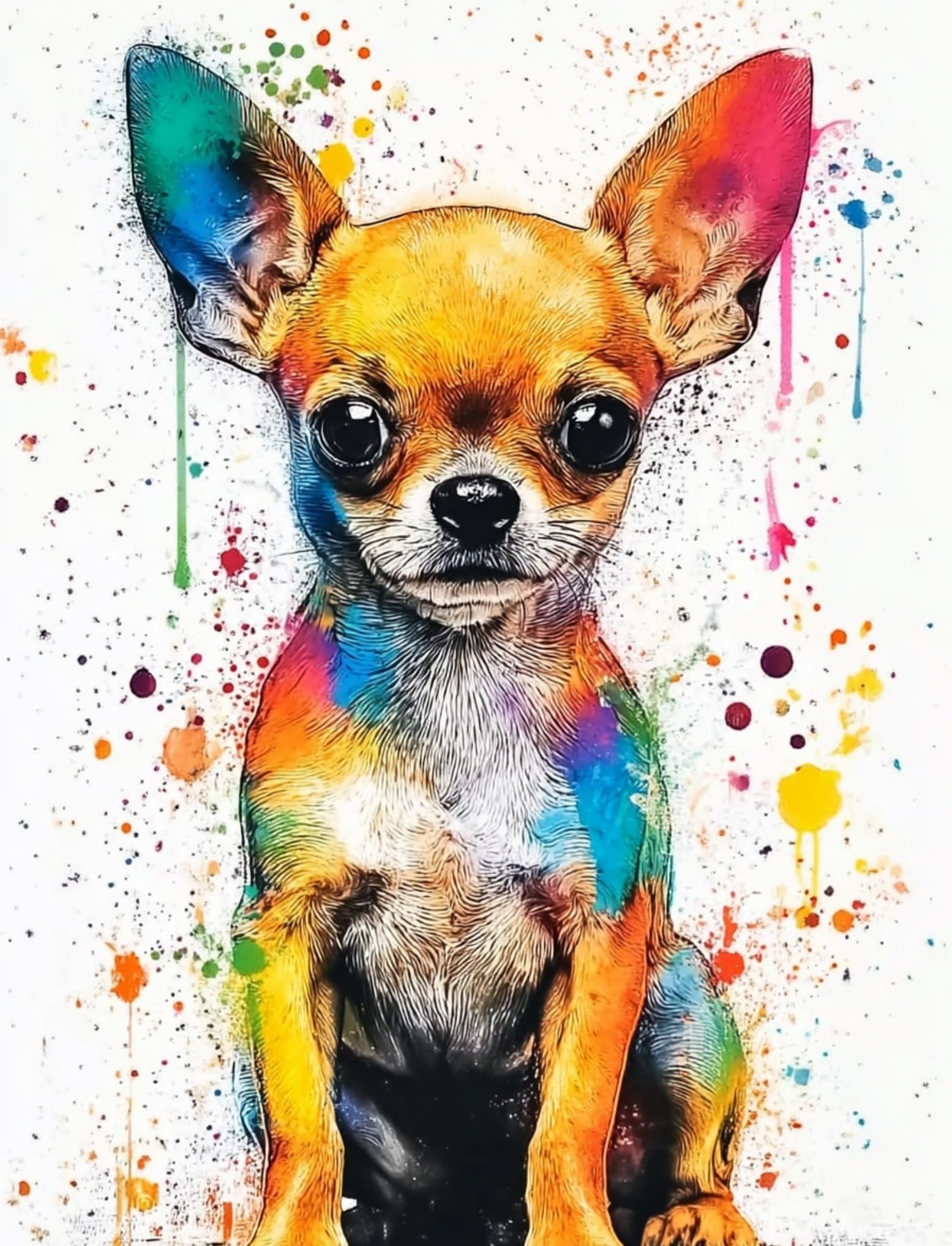 WANGWANGMIAO DIY Oil Painting Paint by Number Kit for Adults -Colorful Chihuahua- 40x50cm Linen Canvas Paint by Numbers Crafts Kits Gift for Relax and De-Stress 16x20inch，with Frame