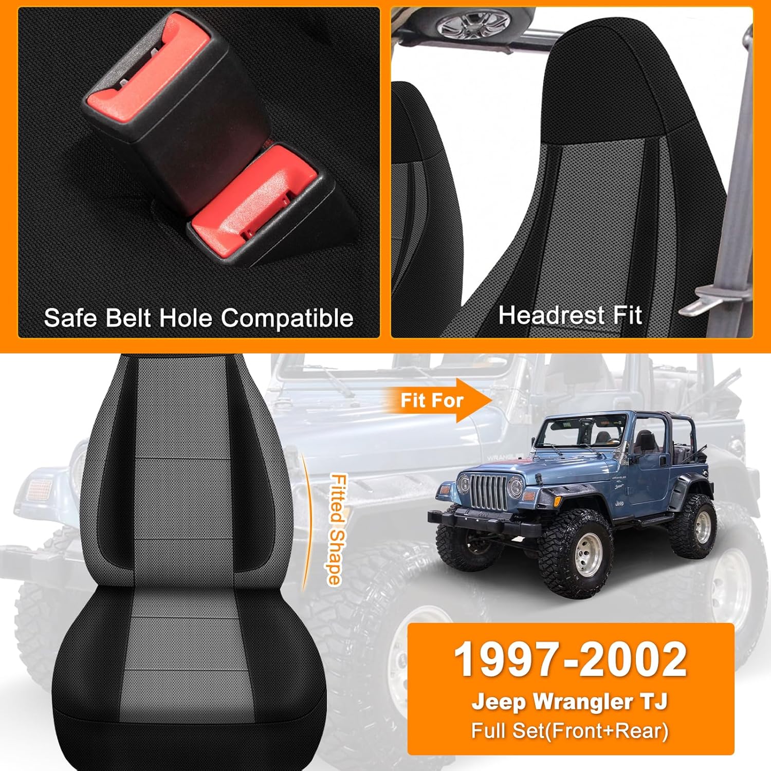 Seat Covers Compatible with Jeep Wrangler TJ 1997-2002 Full Set, Front & Rear Back Door Complete Bench, Breathable Automotive Cover Cushion Accessories