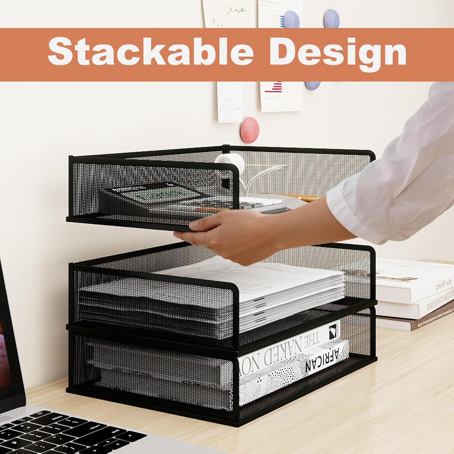 Natwind 3 Tier Stackable Paper Trays for Letter Documents, Desktop File Organizers for Office Supplies, Metal Mesh Desk Organizer，Office Organizer，Letter Trays for Home, Office, School，Black
