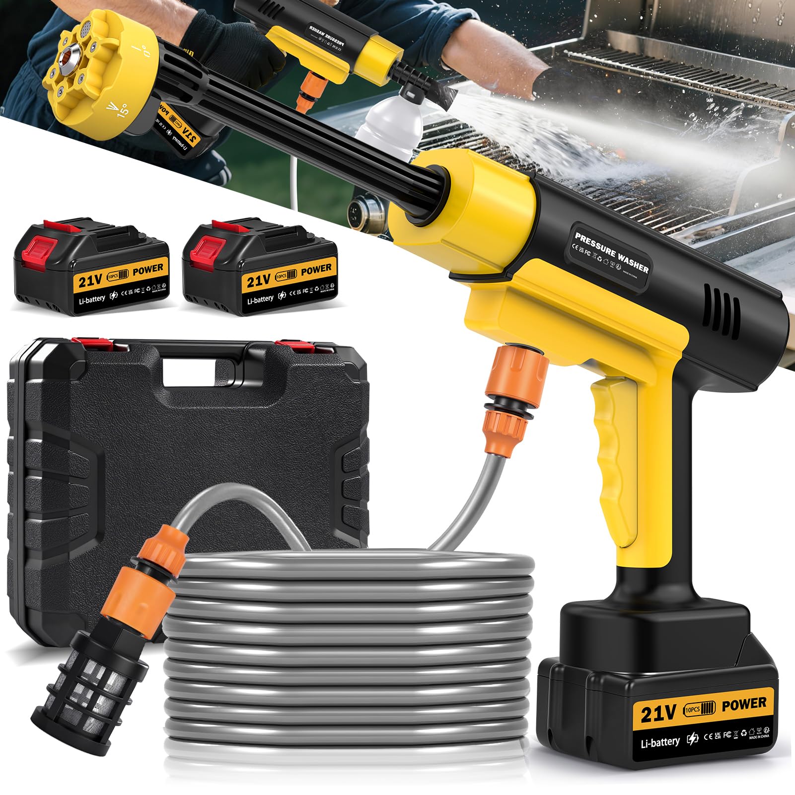 21V Cordless Pressure Washers, 130Bar/1880PSI, 4L/min, 6-in-1 Nozzle with 5M Hose & 3 Nozzles, 2×3.0Ah Batteries, High Pressure Washers for Car Patio Garden Cleaning (with Plastic Case)
