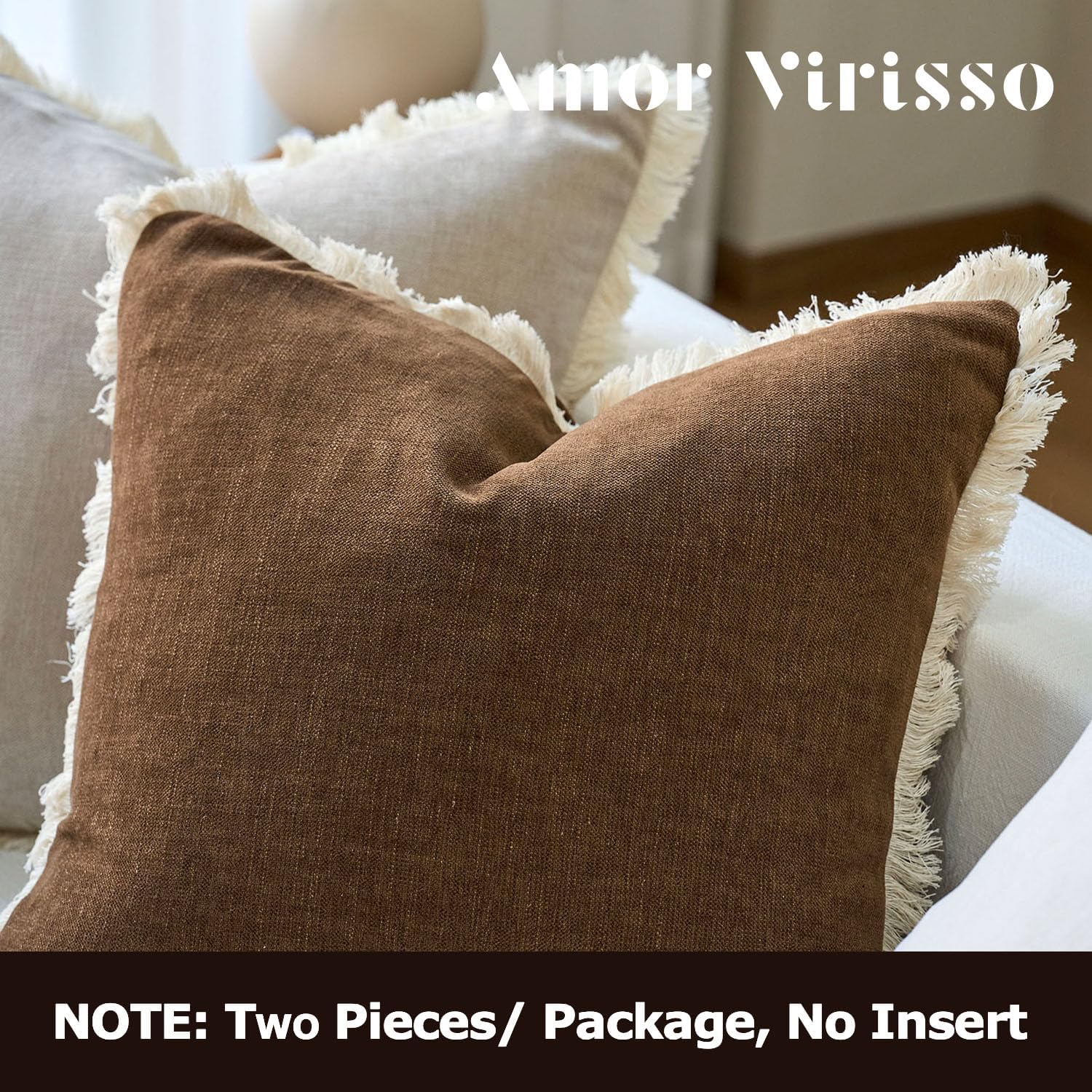 Amor Virisso Fringe Throw Pillow Covers 18x18 Set of 2 Boho Neutral Farmhouse Decorative Pillow Covers with Tassels for Couch Sofa Bed, Brown