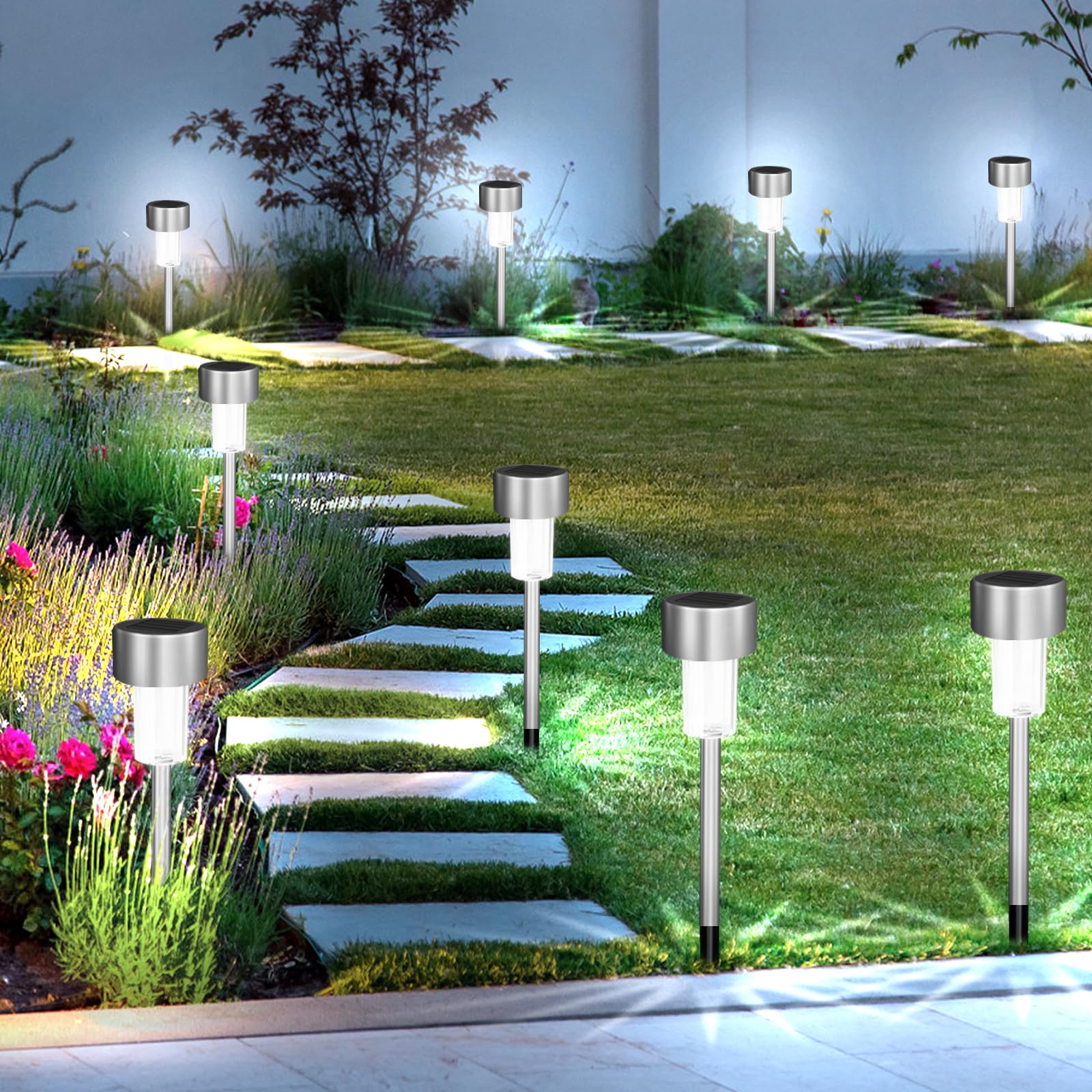 Jsdoin 12PCS Solar Garden Lights, Garden Stake Light Stainless Steel LED Solar Lights Waterproof Auto On-Off Pathway Lighting for Walkway, Patio, Outdoor, Lawn, Driveway — view 6