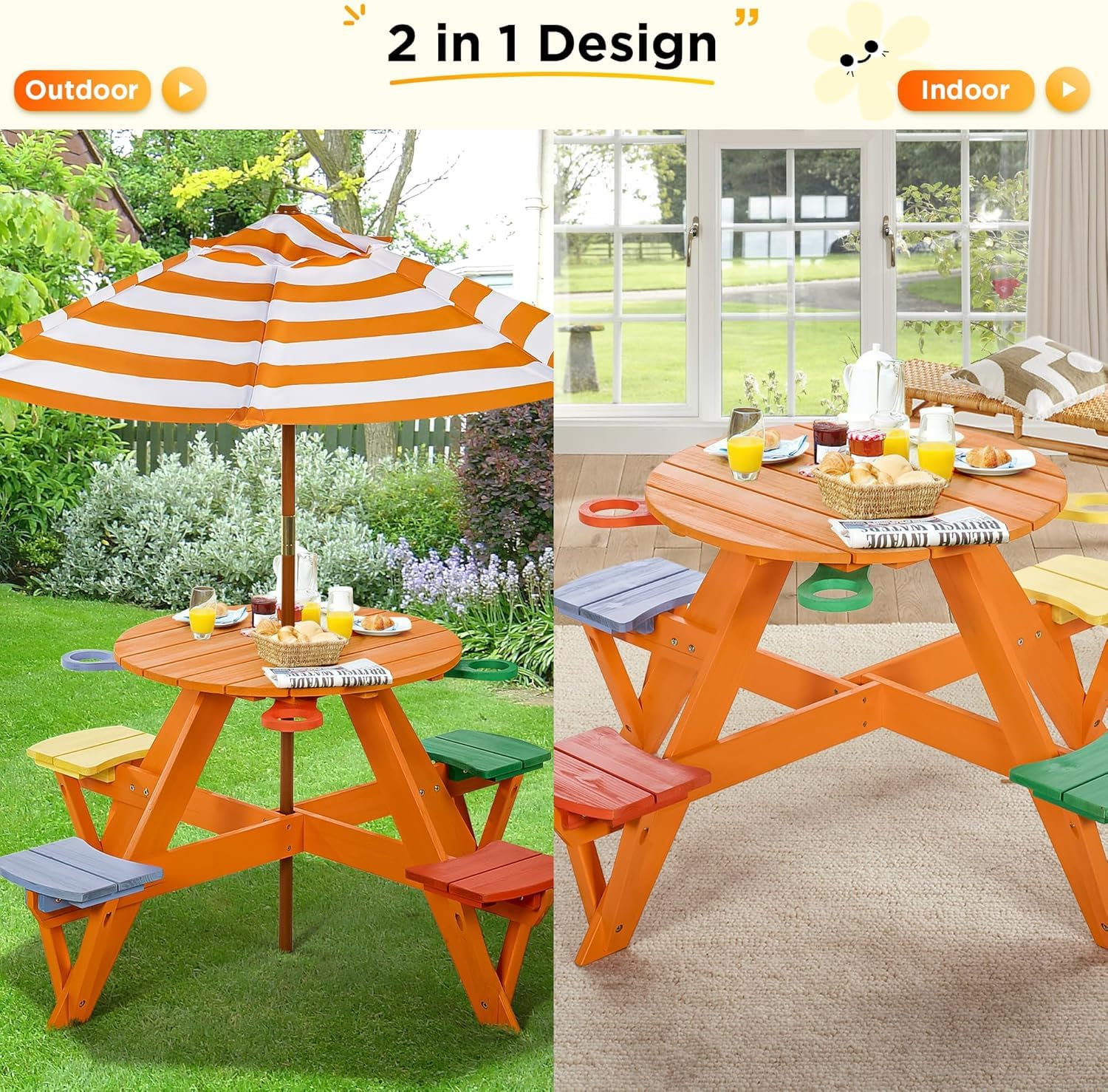BRINJOY Kindersitzgruppe, Kinder Picknicktisch mit Bänke, Kissen & Sonnenschirm höhenverstellbarem, Kindersitzgarnitur aus Holz, Sitzgarnitur, Sitzgruppe Outdoor, Kinder gartenmöbel (Orange)