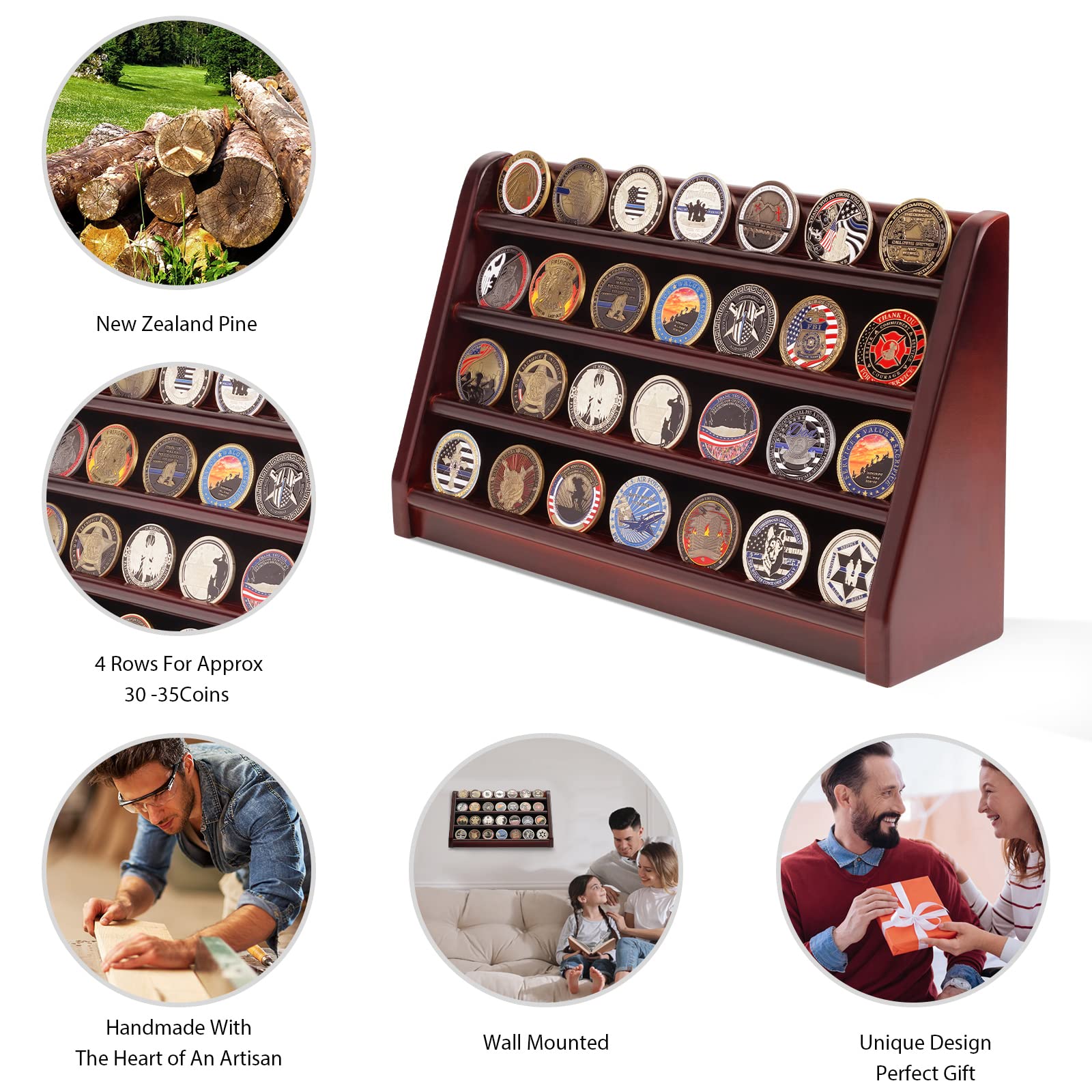 DecoWoodo Challenge Coin Display Case, 4 Row Military Coin Wooden Holder Rack Stand Holds 30 Coins for Desk or Wall Mount, Coin Holders for Collectors (Mahogany Finish)
