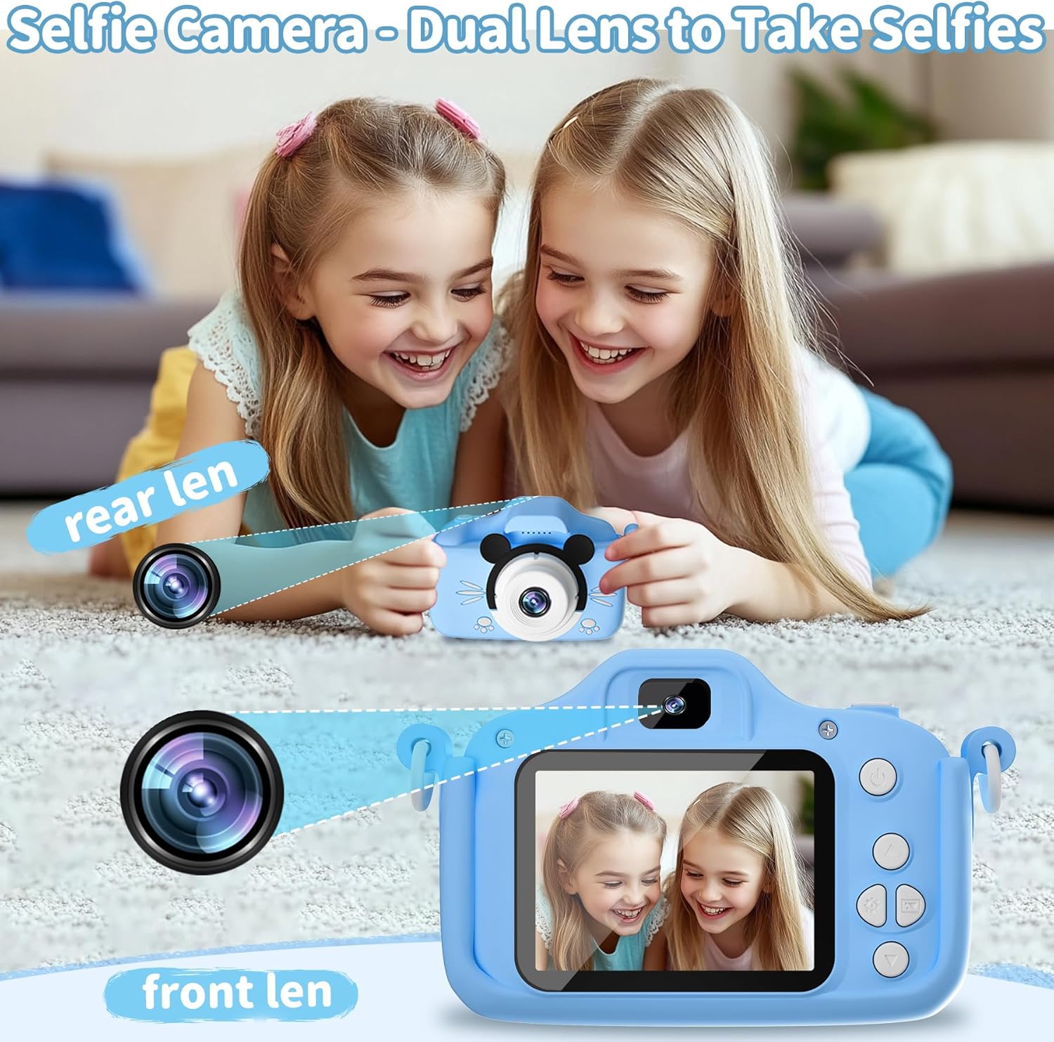 Yatao YT01 Kids Camera showing its dual lens feature for selfies.
