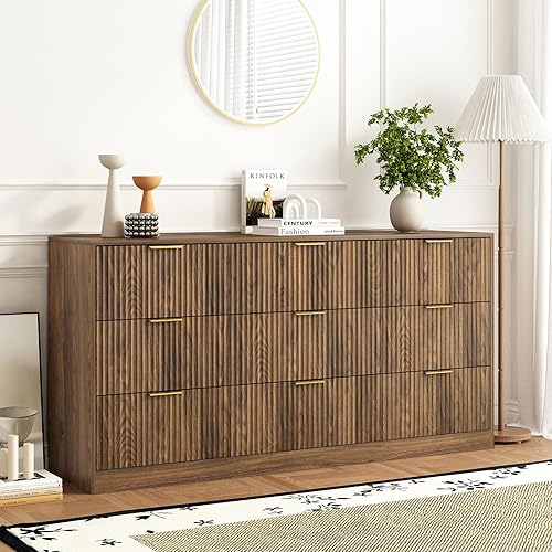 Walnut 9 Drawer Dresser for Bedroom, 63" Wide Wood Chest