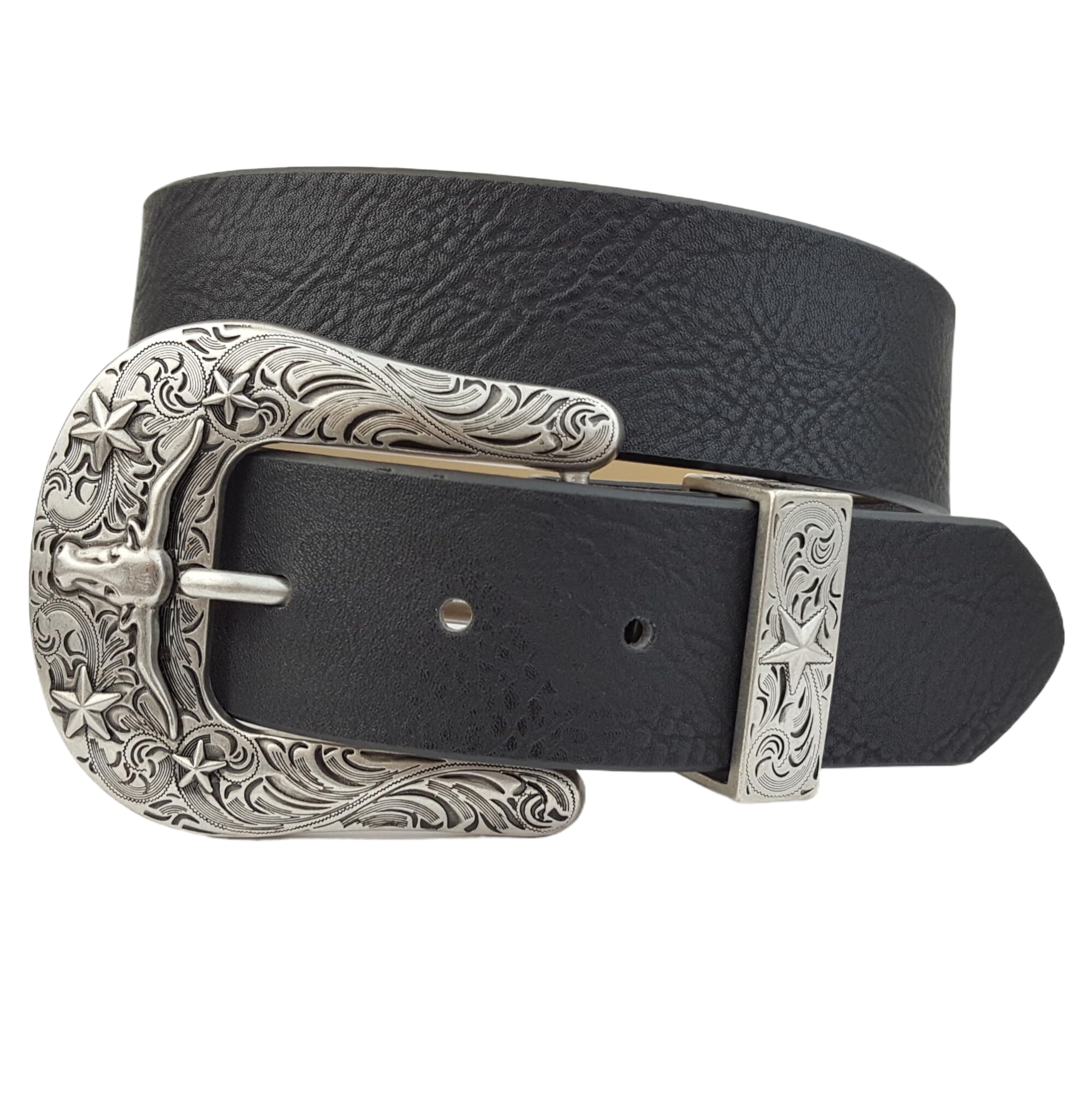 AXESORIA Western-Inpired Long Horn Buckle and Loop Belt BLACK M