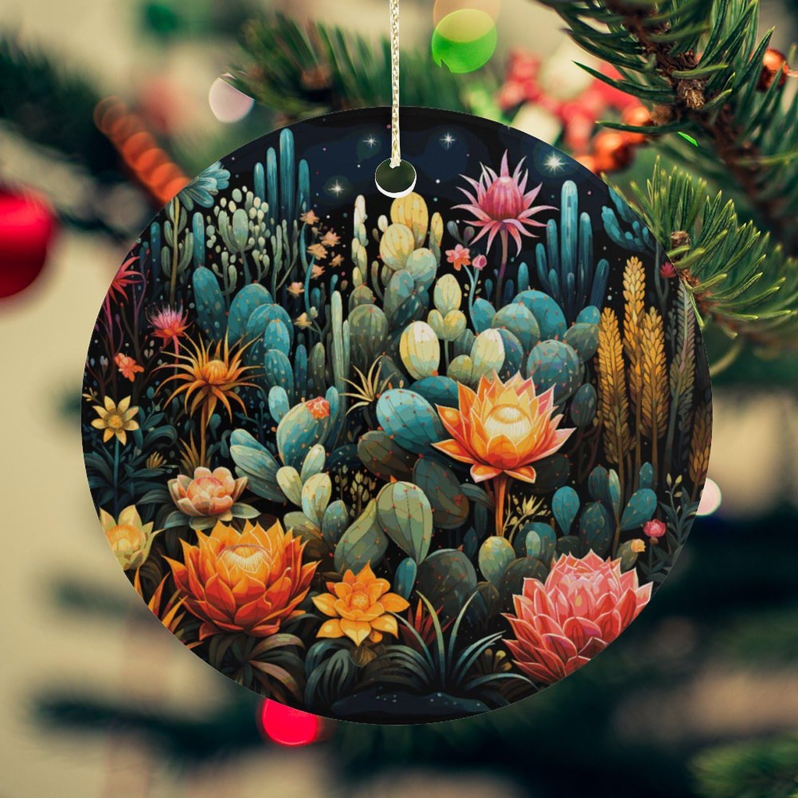 Colorful Cactus Pattern Christmas Ornament for Christmas Tree Ceramic Round Ornament Winter Holiday Keepsake Gift 2.7" Christmas Tree Hanging Decorations Circle Ceramic Pendant Xmas Gift