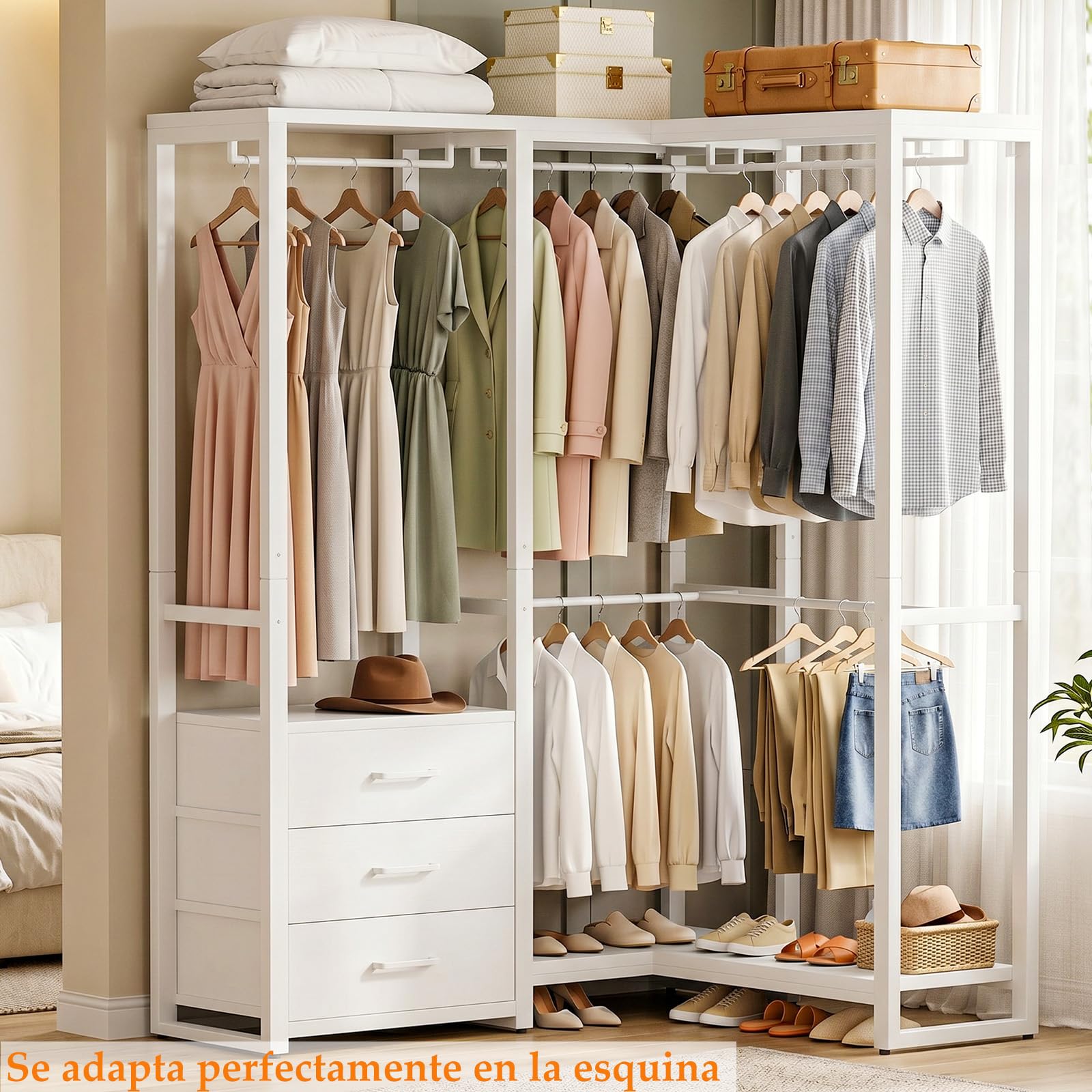 Homieasy Armario Abierto Con 5 Barras Y 3 Cajones De Tela | Estructura De Metal Y Paneles De Madera, Capacidad De Carga Hasta 450 Kg, Para Dormitorio, Vestidor O Pasillo