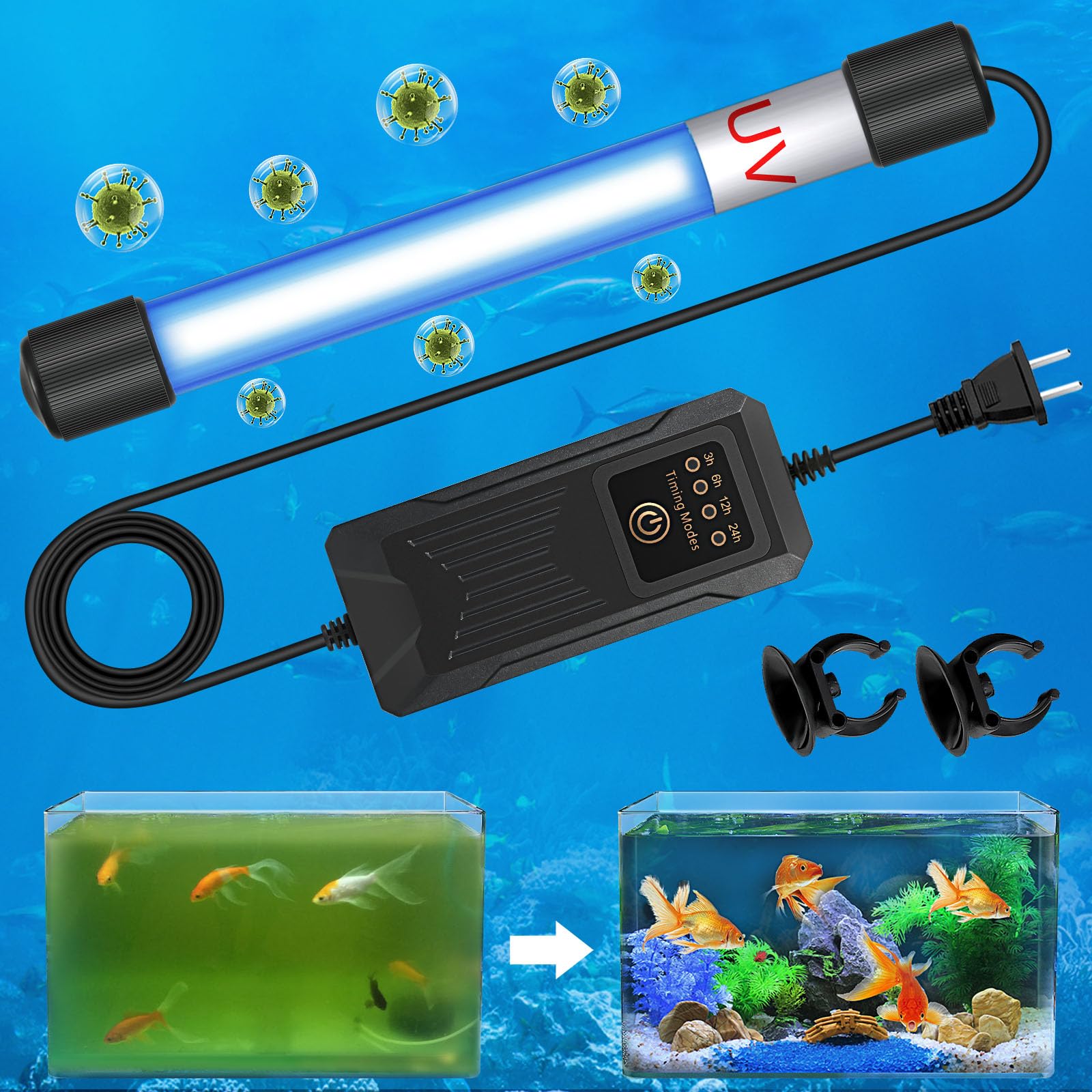 Rutloy 5W Timer UV Aquarium Clean Light Algae Removal Fish Tank LED Light Green Clean Waterproof for Pond Tank