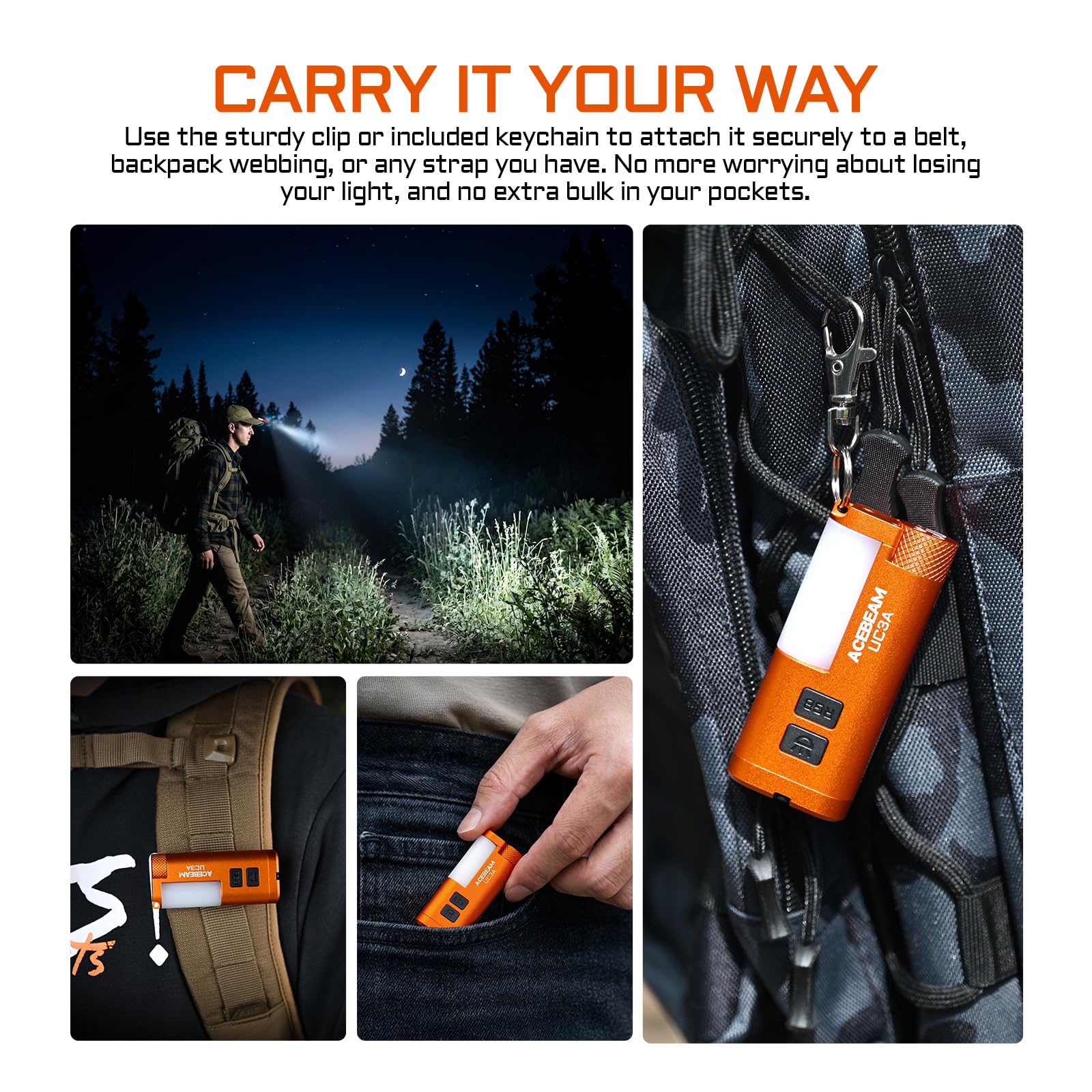 ACEBEAM UC3A Torcia Ricaricabile EDC AAA, 900 Lumen, Mini Torcia a Sorgenti Multiple con Camping e 9 Luci RGB, Piccola Torcia LED Piatta da Tasca con Magnetico, Torcia LED per Domestiche, Arancione