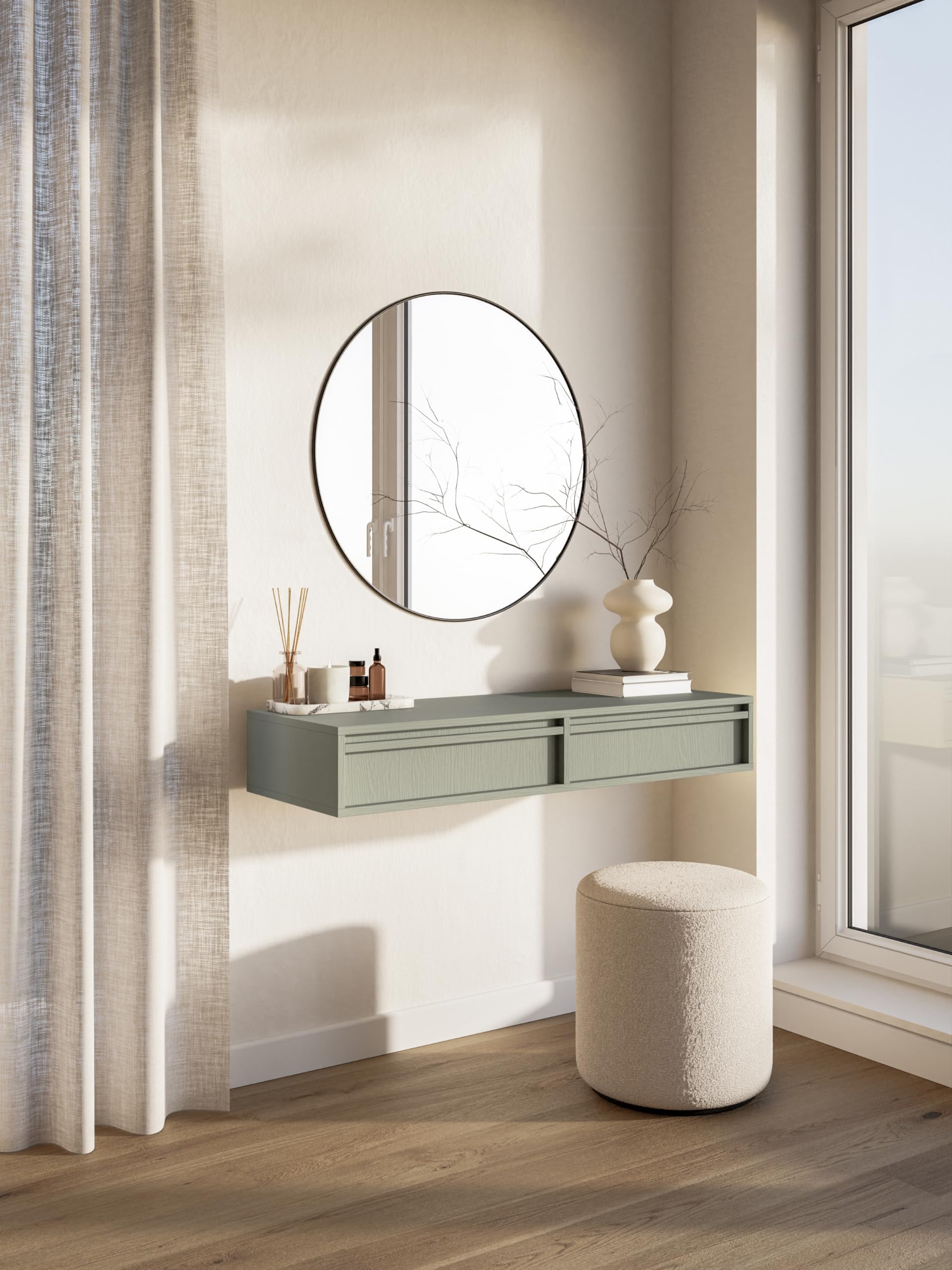 Selsey Coiffeuse avec Rangement Table De Maquillage avec 2 Tiroirs Suspendue Coin Beauté Style Moderne 110 cm Sauge Evo