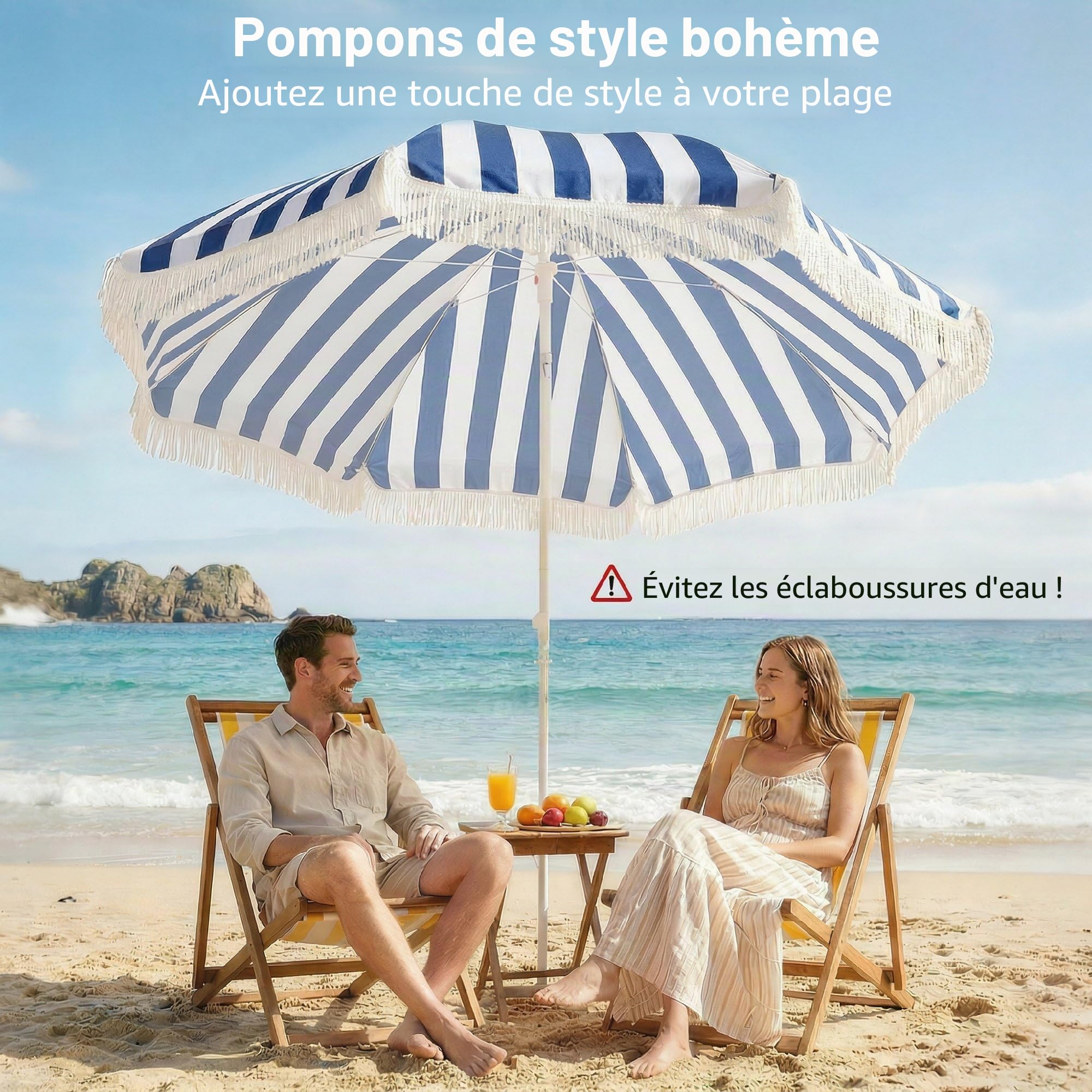 Outsunny Parasol de plage avec franges Ø 180 cm, parasol de terrasse extérieur avec hauteur réglable, inclinaison de 30°, ancrage sable et sac de transport