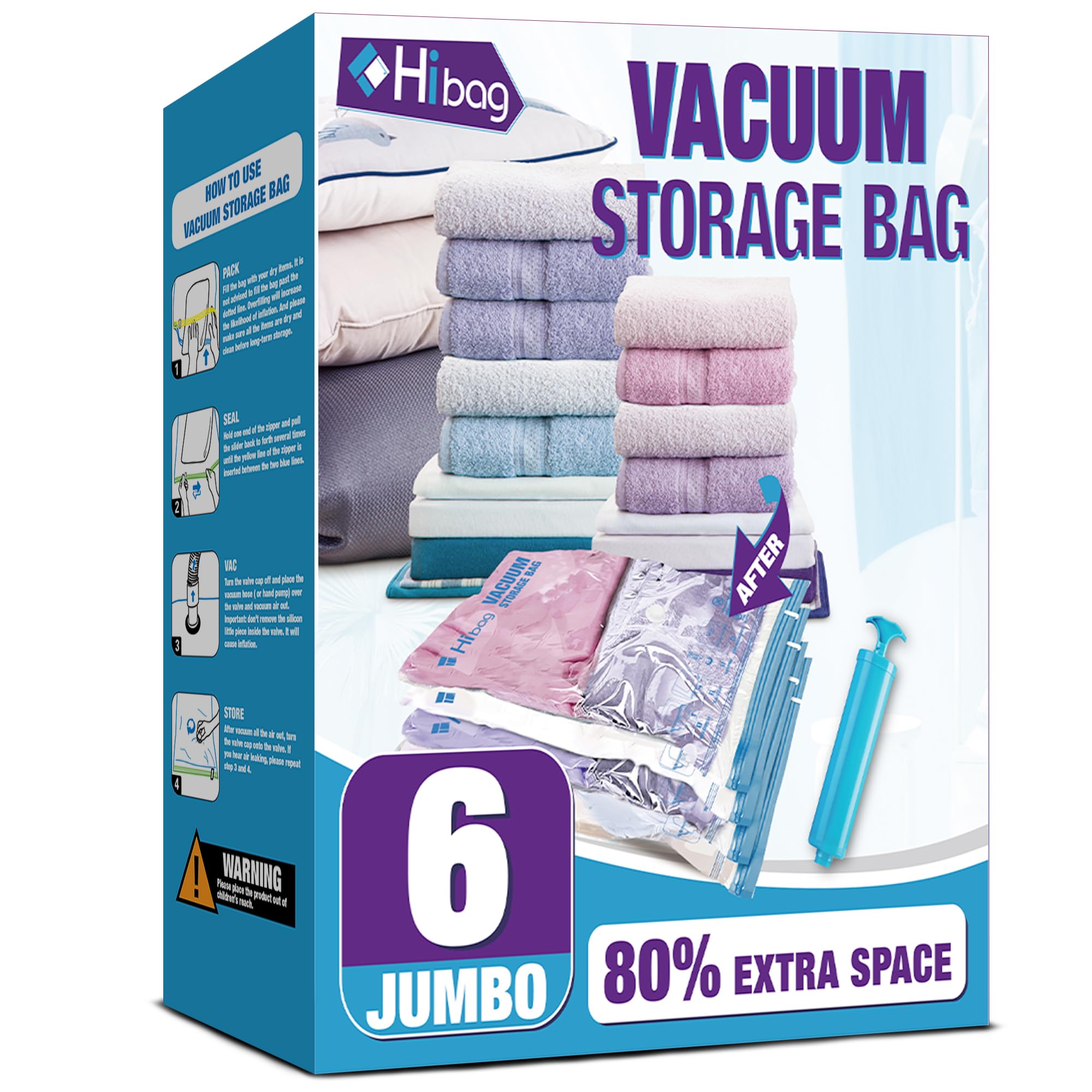 Vacuum Storage Bags, 6 Jumbo Space Saver Vacuum Seal Bags, Space Bags, Vacuum Sealer Bags for Clothes, Comforters, Blankets, Bedding (6J)