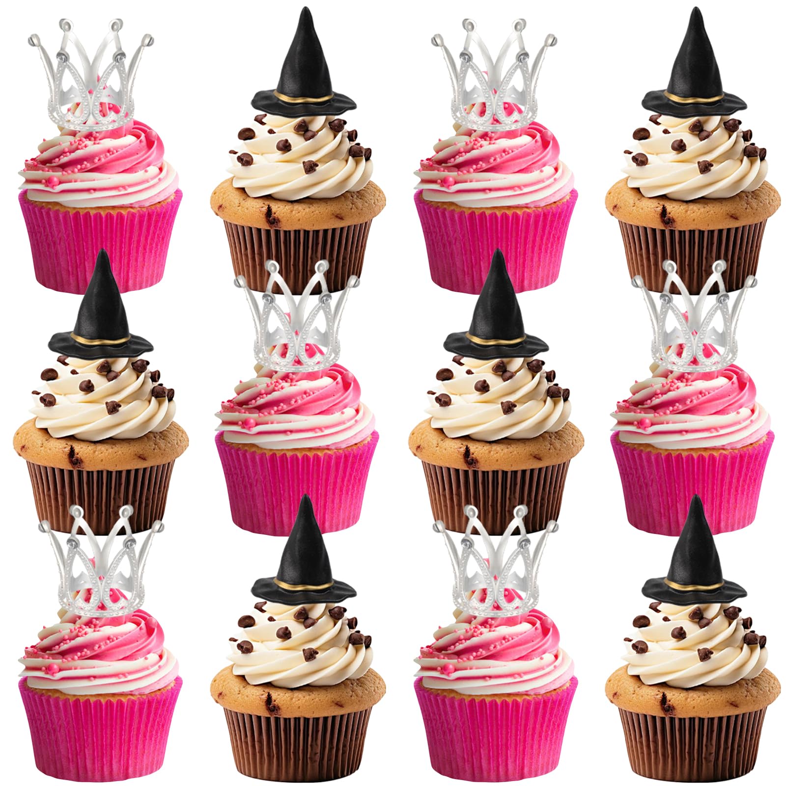 12 Pcs Witch Hat and Crown Cupcake Toppers Witch Theme Party Wicked Birthday Decorations Mini Wizard Hats Silver Crown Cake Topper Decor Princess Cake Accessories for Birthday Party Supplies Crafts