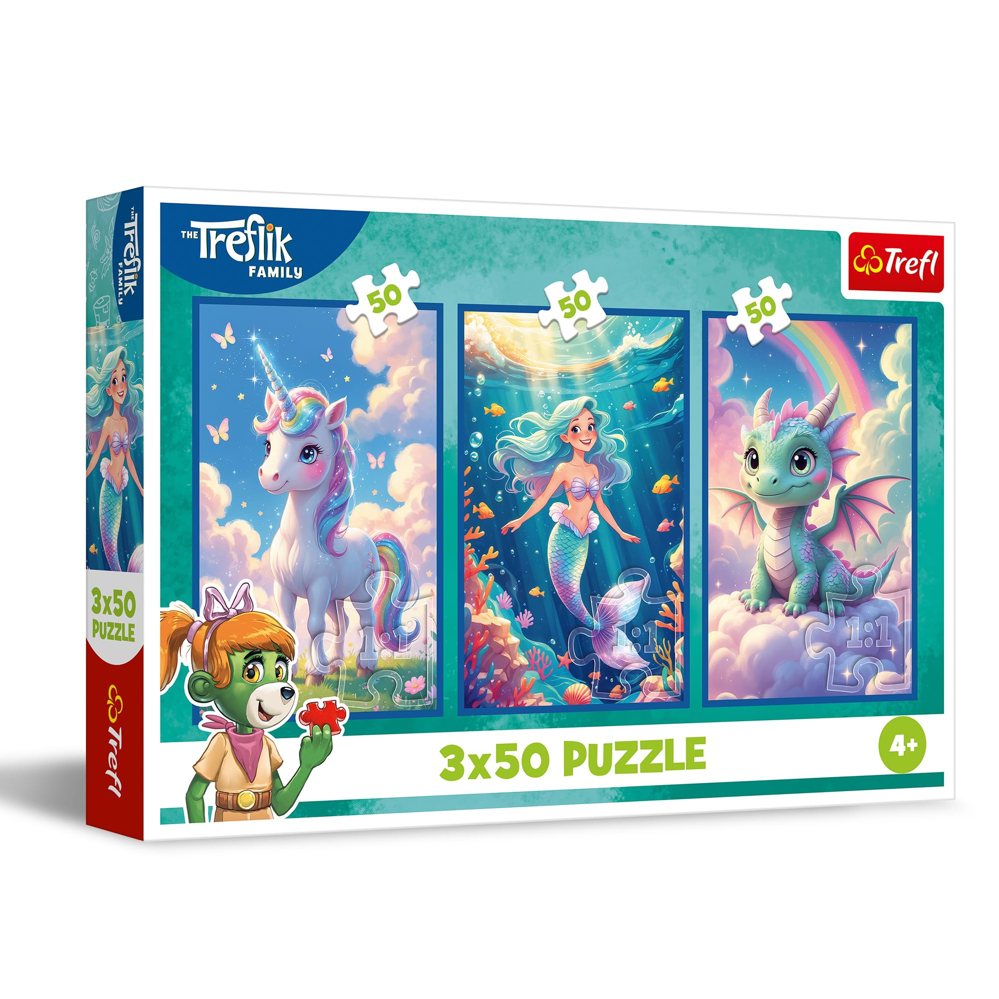 Trefl - Puzzle 3w1: The Treflik Family, Razem w Kolorowym Świecie - 3 x 50 Elementów, Zestaw Trzech Układanek dla Dzieci od 4 lat