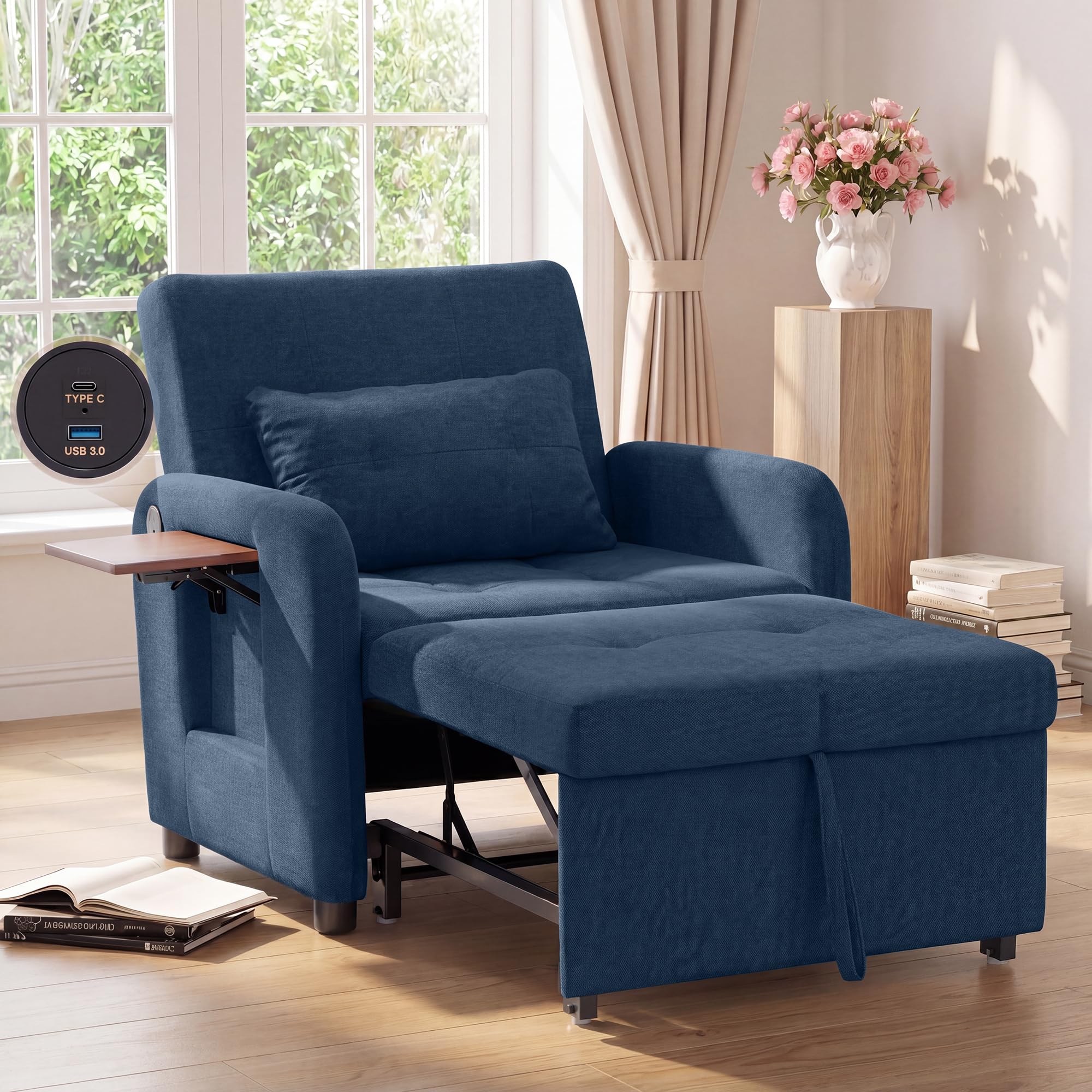 COLAMY Compact Recliner Armchair with USB Port & Side Table, Space Saving Sleeper Chair with Pull-Out Footrest, Adjustable Lounge Sofa Bed Chair for Small Living Room Bedroom Flat,Blue