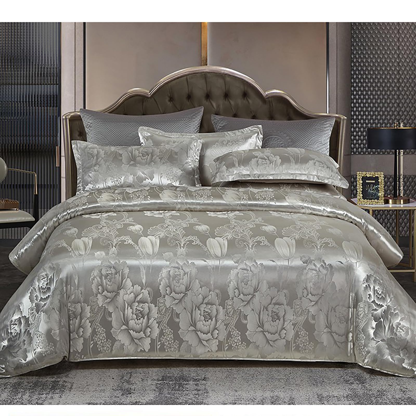E-yimeng Bohemian Bedding Sets Single Duvet Cover Sets Boho Silk Satin Duvet Covers with 1 Pillowcase Zipper Luxury Bedding Collections Gray 135x200 cm โ image 1