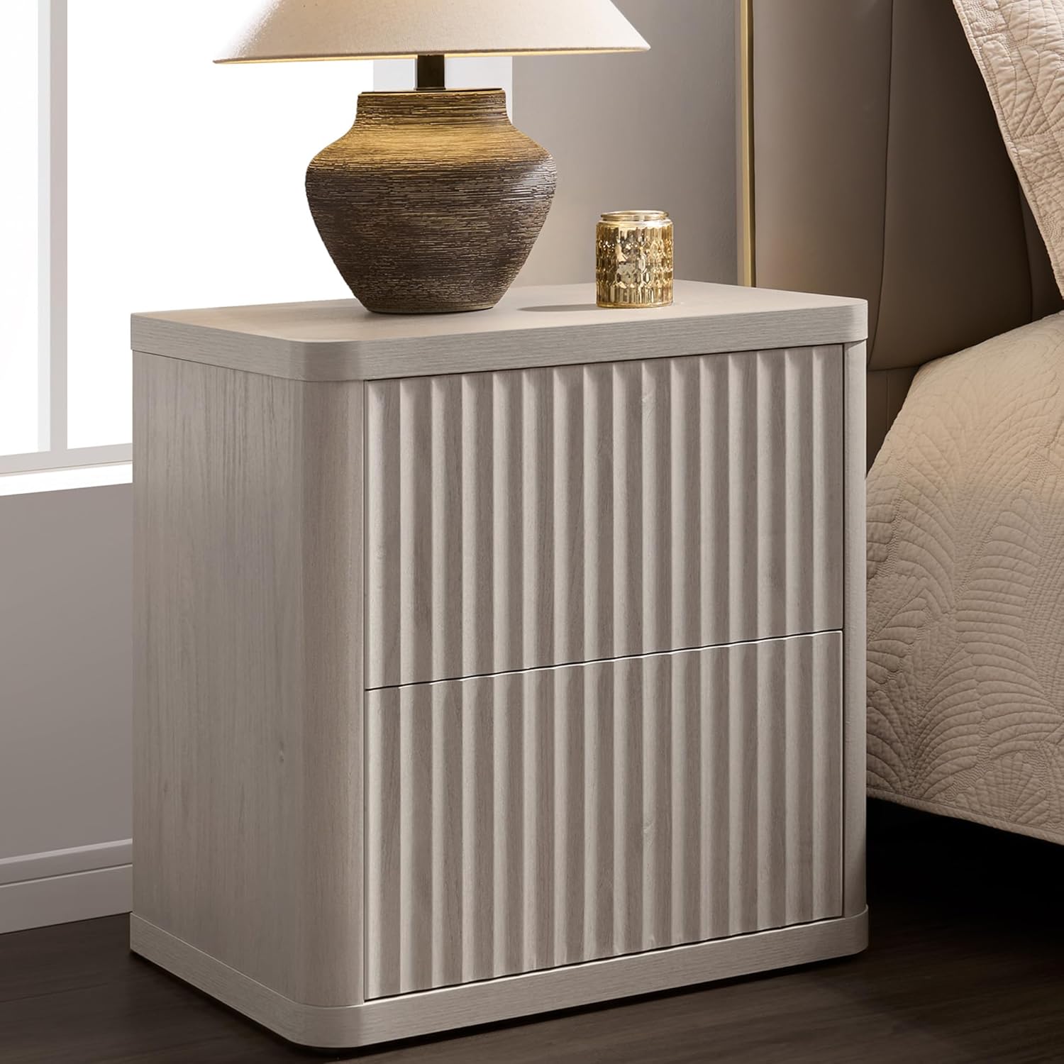 SICOTAS Night Stand Nightstand with 2 Drawers Storage Bedside Table Large Fluted Bed Side End Table Modern 24.4" Tall Wide Night Stands for Bedroom Living Room Sofa Couch Home Office, White Alder