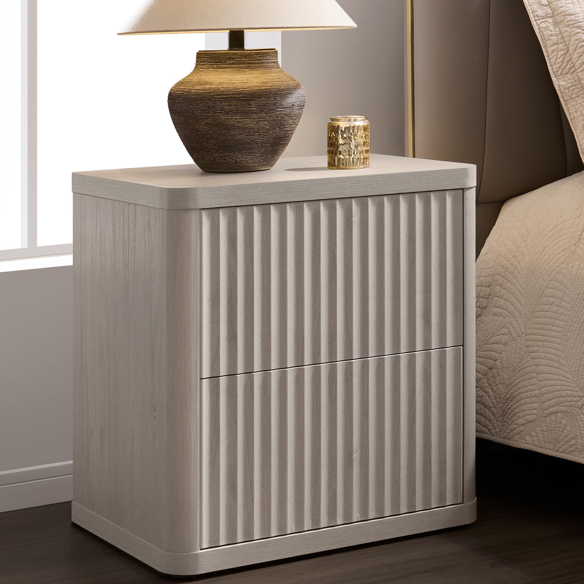 SICOTAS Night Stand Nightstand with 2 Drawers Storage Bedside Table Large Fluted Bed Side End Table Modern 24.4" Tall Wide Night Stands for Bedroom