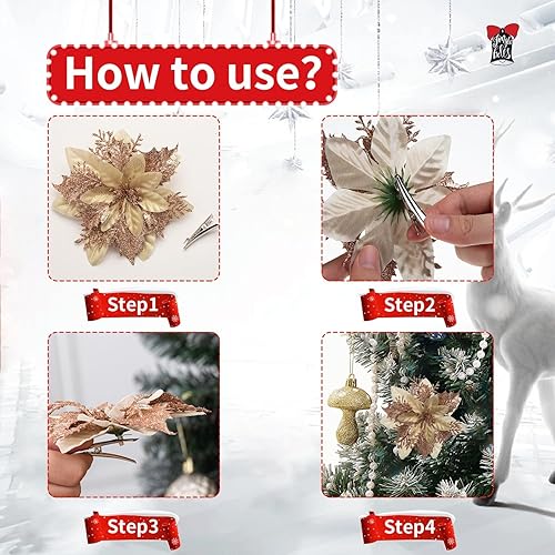 Miniatura 8 de Juego de 24 flores artificiales de Pascua de Navidad y bayas con purpurina, 2 estilos en total, 16 adornos de flores de árbol de Navidad, 8 piezas