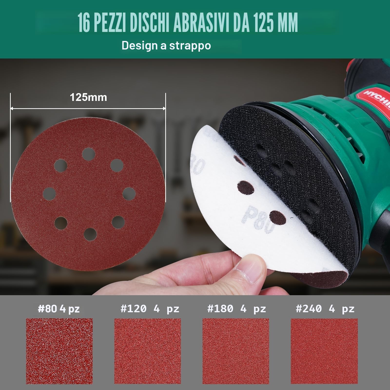HYCHIKA Levigatrice Orbitale, 300W 12000OPM Levigatrice per Legno, 6 Velocità, con 16 Pezzi Dischi Abrasivi 125, Con Funzione di Frenata Rapida per Levigare e Lucidare il Legno