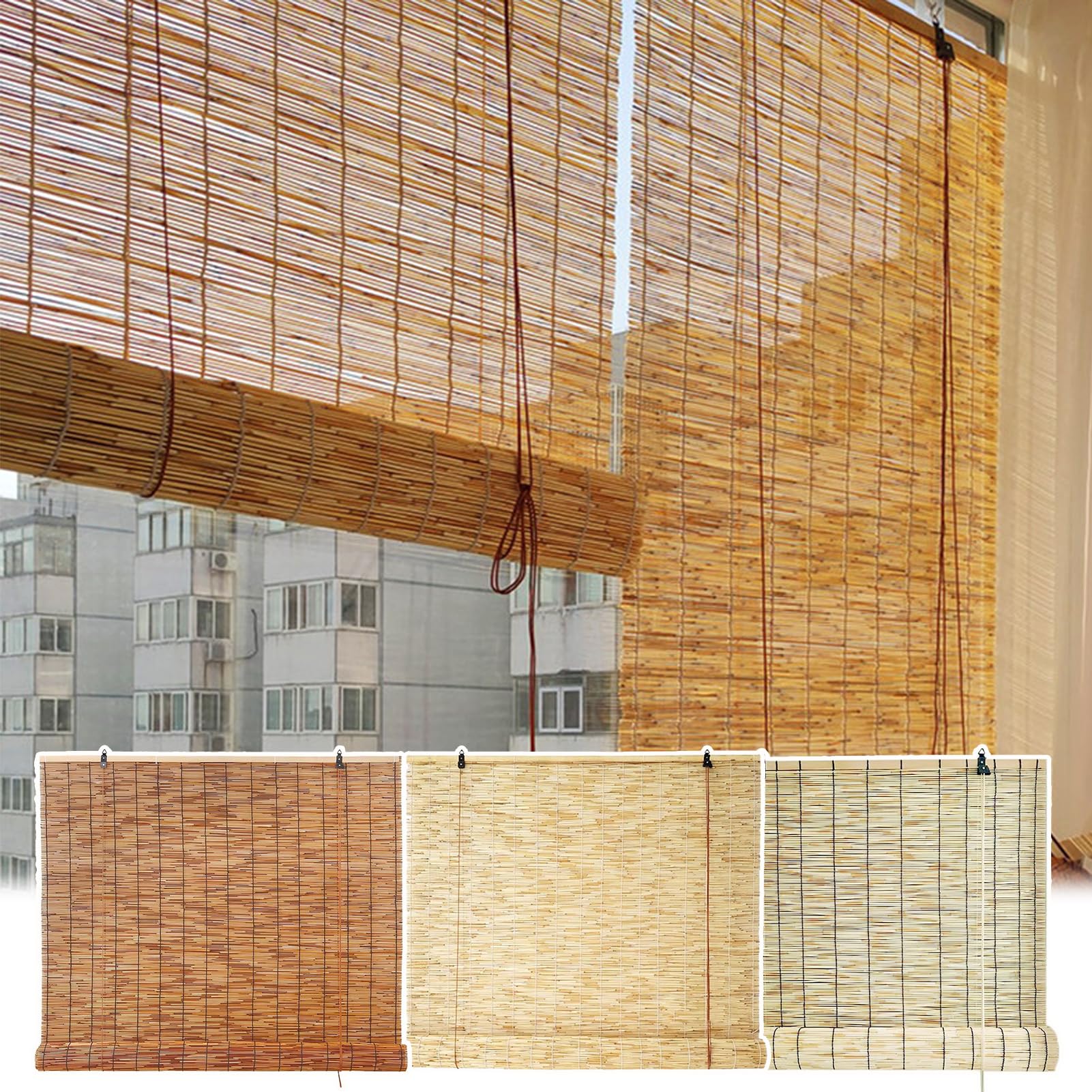 ZAJENKUB Bamboo Blinds Outdoor Natural Roller Blinds Waterproof Roman Blinds for Windows Sunshade 60 80 100 120 140 160cm Wide Reed Curtains for Kitchen Patio Garden Doorways