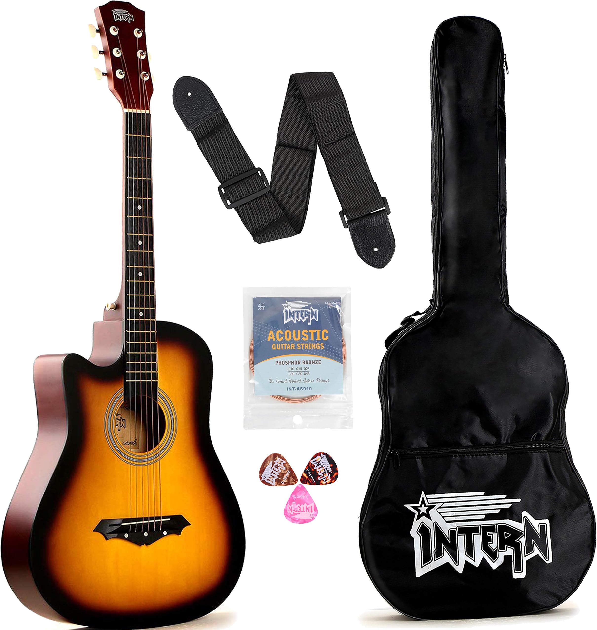 Intern INT-38C-L-SB Left Hand Acoustic Guitar Kit, With Bag, Strings, Pick And Strap (Sunburst)