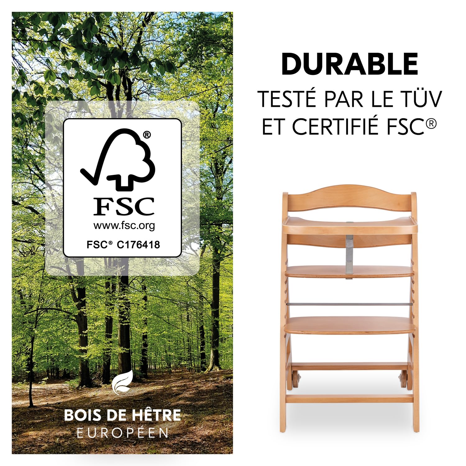 Chaise Haute Bébé Evolutive Beta+ Bois Naturel 6 Mois à 90 kg avec Roulettes et Harnais 5 Points