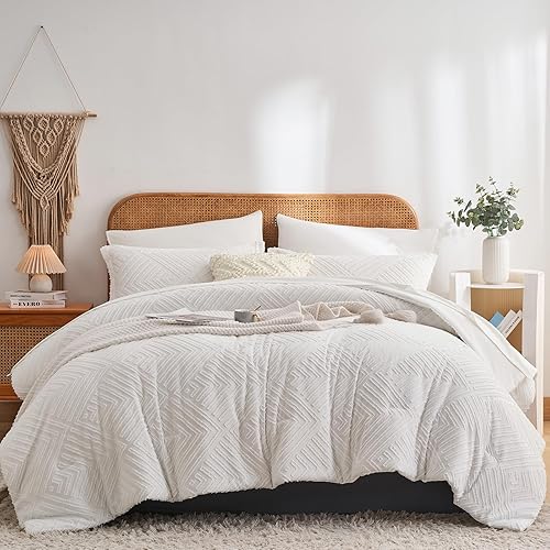 Juego de edredón blanco copetudo tamaño King de 7 piezas en una bolsa, juego de edredón bohemio desgastado y elegante, juego de ropa de cama