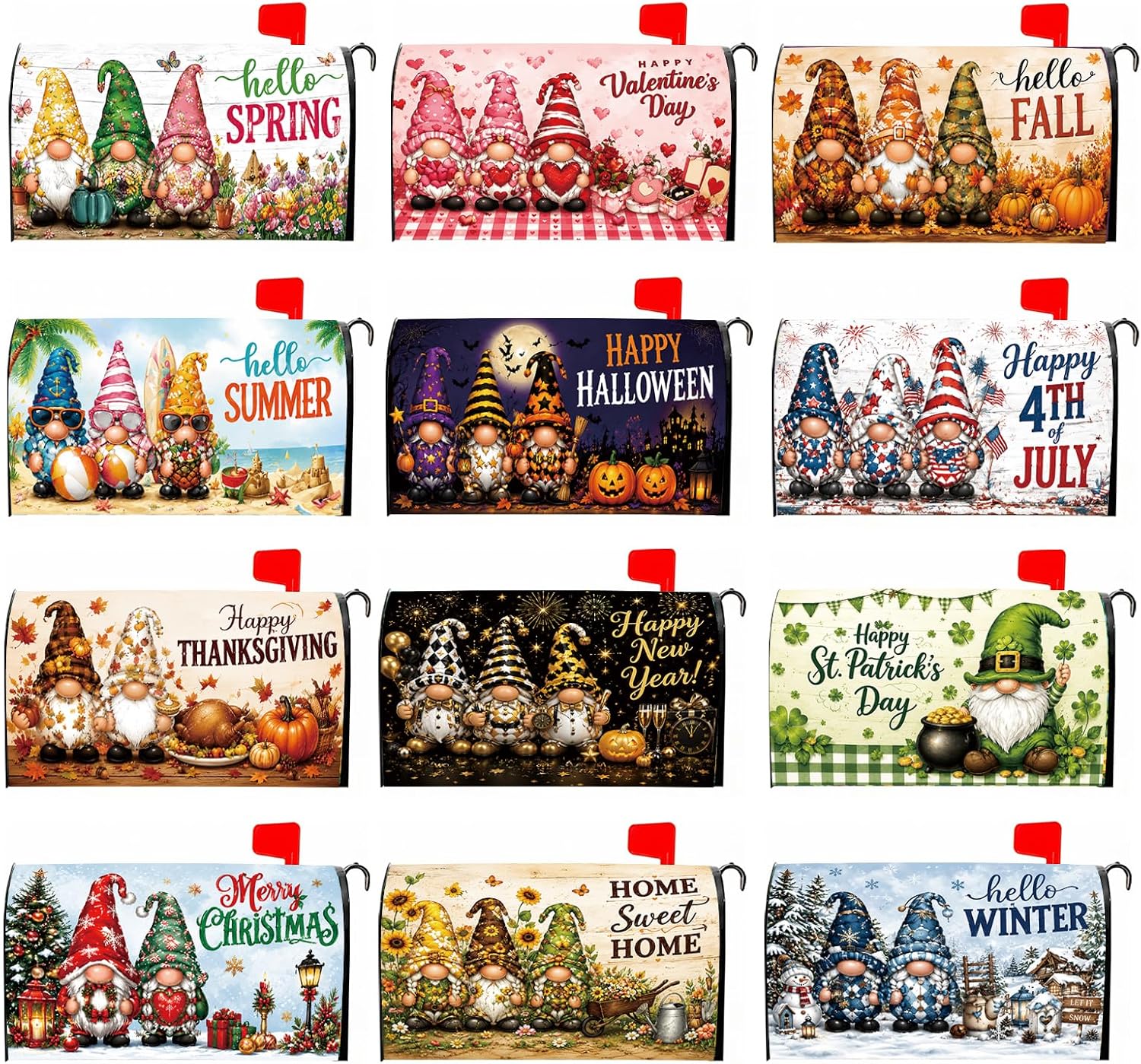 12 PCs Seasonal Gnome Mailbox Covers Magnetic Standard Size, Spring 4th of July Summer Magnetic Mailbox Covers for Garden Yard Outdoor Decor, 21 x 18 Inch