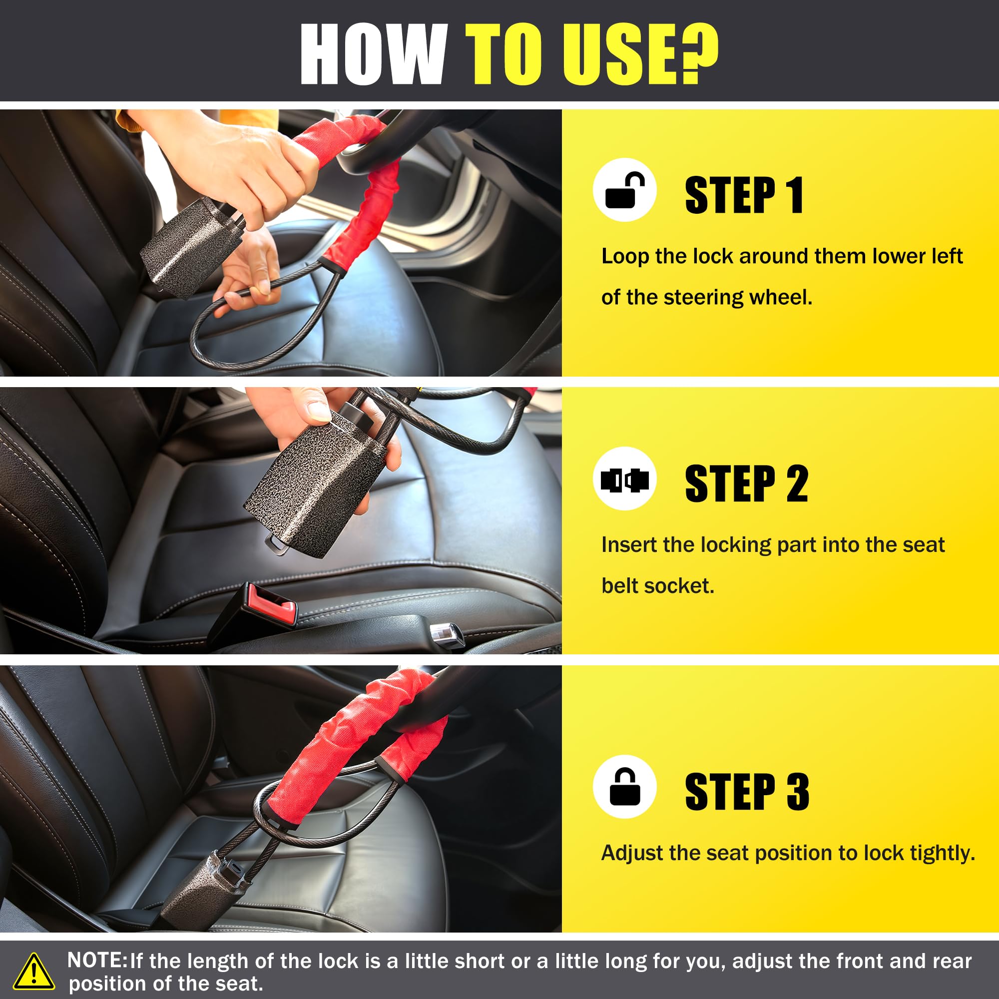 Steering Wheel Lock, Car Steering Wheel Locks, Car Seat Belt Lock with Metal Head, High Visibility Car Lock Anti-Theft Device for Car, SUV, Pickup, Van, RV, 3 Keys (Red) — view 8