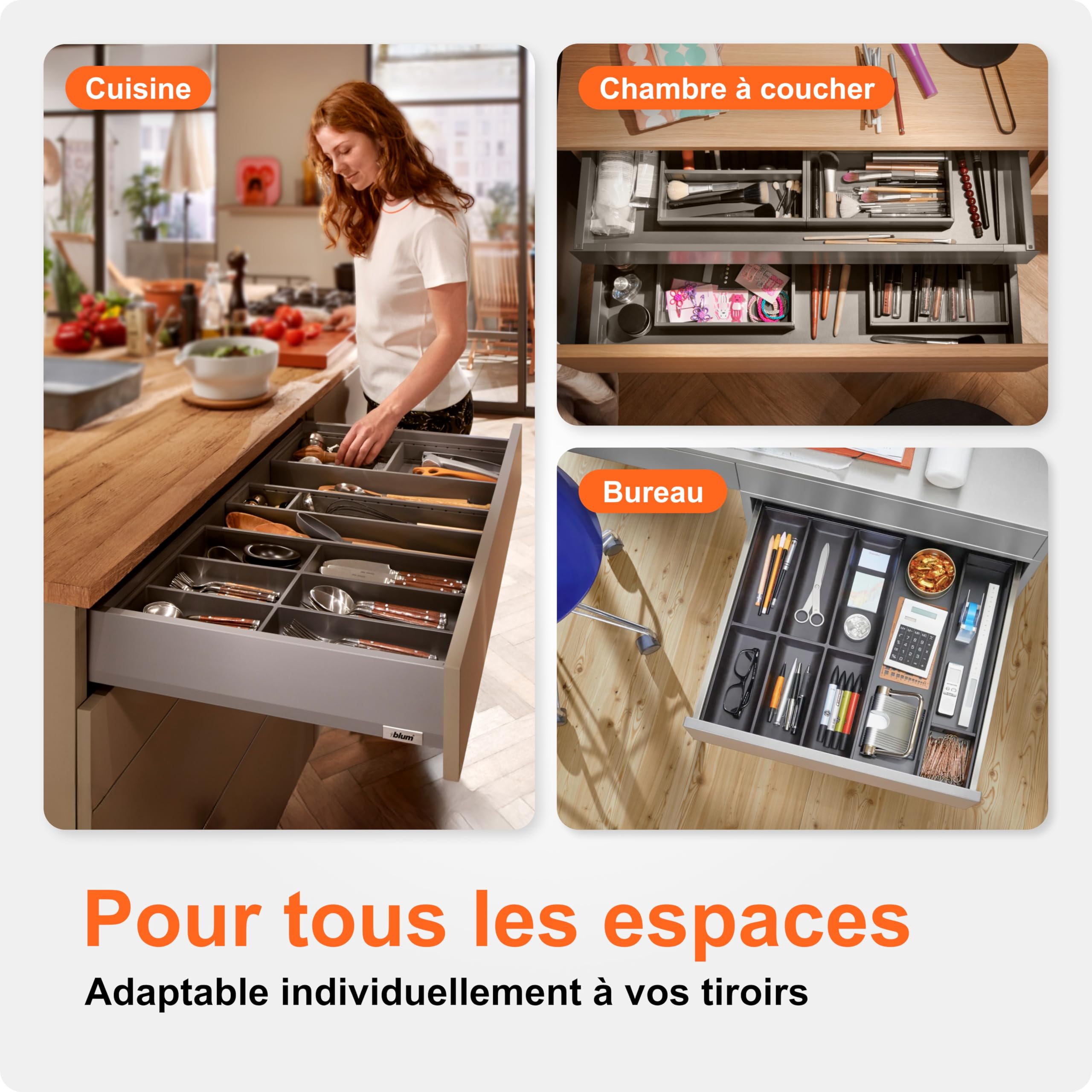 Blum AMBIA-LINE range-couverts Soft-Touch | organiseur de tiroir premium pour tiroir et meuble de cuisine modernes | protège, trie et range couverts et ustensiles | 42×30×5 cm | Gris Orion