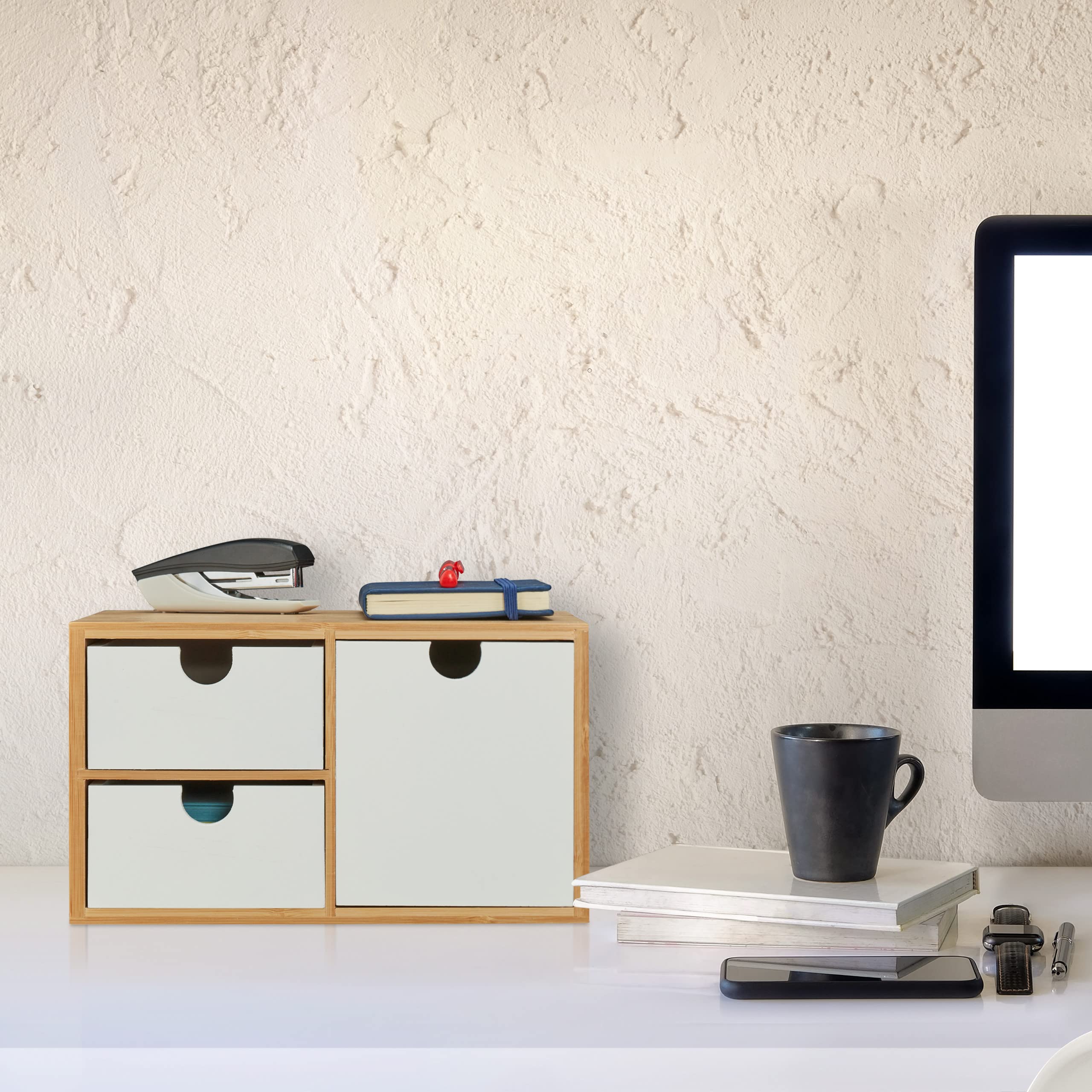 Relaxdays Organizador Escritorio, Madera Bambú y MDF, Almacenamiento Oficina, 3 Cajones, 14,5x25x20cm, Natural y Blanco