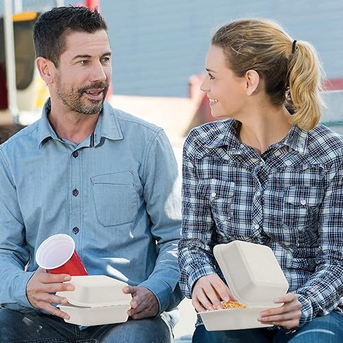 Miniatura 2 de Clamshell - Recipientes de alimentos, paquete de 100 recipientes con bisagras, caja de comida desechable de bagazo para llevar, caja de hamburguesas