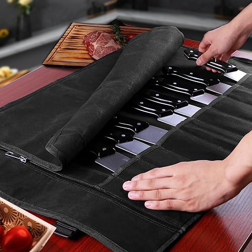Miniatura 5 de Bolsa enrollable para cuchillos de chef, bolsa de lona encerada, portátil de 10 ranuras para cuchillos de chef con 1 bolsillo con cremallera, bolsas