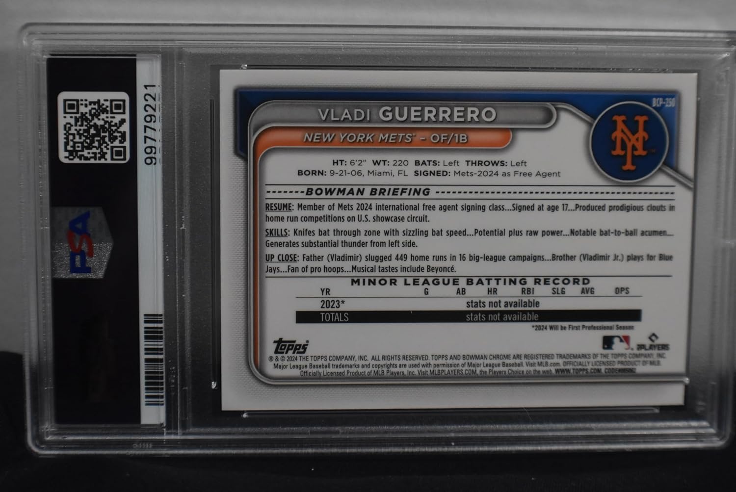 VLADI GUERRERO 2024 Bowman Chrome Prospects 1st #BCP-250 BLUE REPTILIAN REFRACTOR PARALLEL Baseball Rookie Card RC #015 of only 150 Made! PSA Graded GEM MINT 10! New York Mets