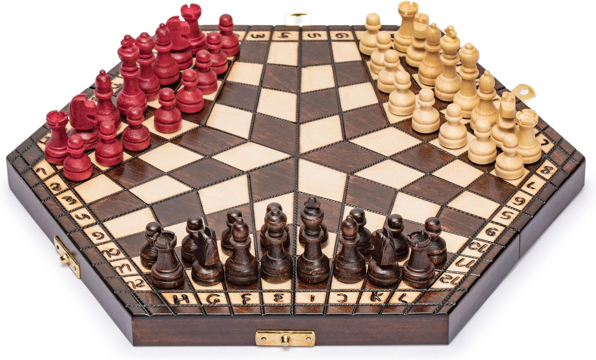 Husaria Wooden Three-Player Chess - 12 Inches - with Foldable Board, Handcrafted Playing Pieces, and Felt-Lined Storage