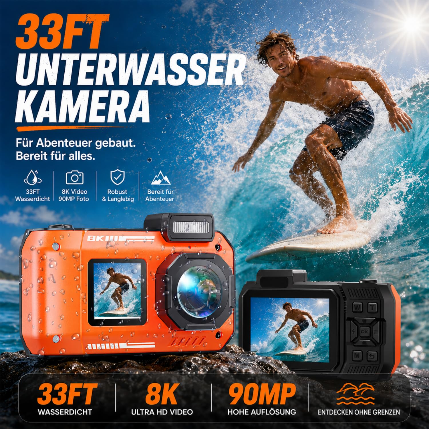 Maxmango D50 8K 90MP Unterwasserkamera, 33FT wasserdichte Digitalkamera,2.8'' Dual-Screen Selfie,Staubdichte, Stoßfeste Digitalkamera mit 2500mAh Batterie & 16GB Karte