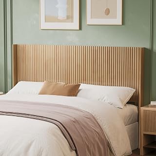 huateanhome Queen Size Wood Headboard 64.6" Wide - Modern Farmhouse Fluted Wingback Boho Design, Natural Rubber Wood