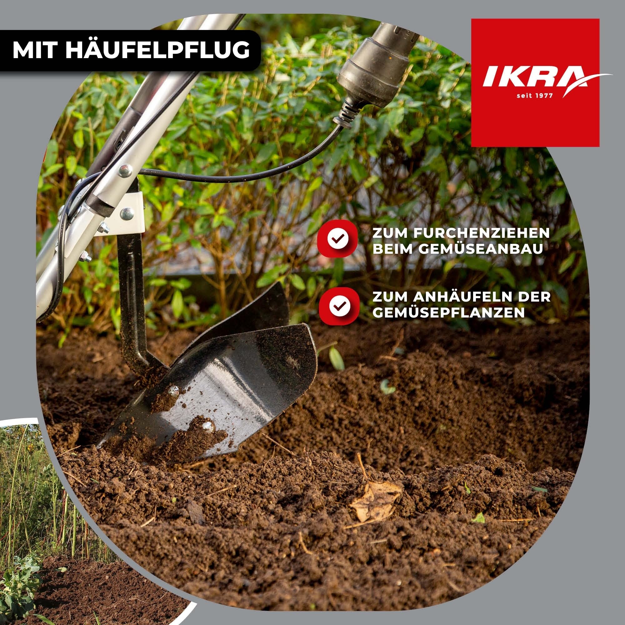IKRA Elektro Bodenhacke IEM 1500, 2 Breiten 32 & 45cm, inkl. Häufelpflug | Boden lockern und Saatbett vorbereiten, 1500W, Arbeitstiefe 20cm, Bremssporn, Transportrad, zusammenklappbar, Überlastschutz