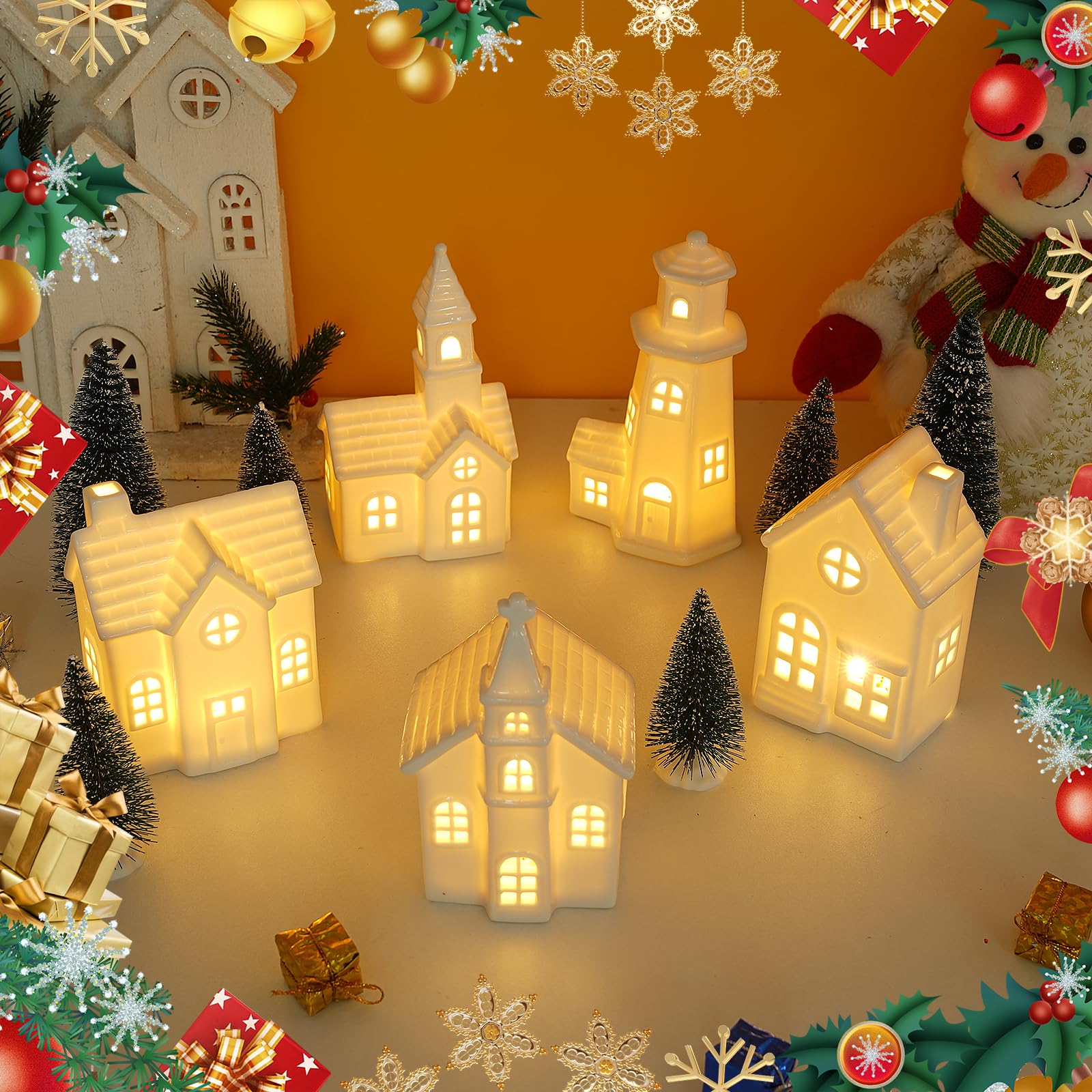 Weihnachtsdorfhäuser aus Keramik, beleuchtetes Weihnachtsdorf-Set mit Timer, Porzellan, Weihnachtsdorf-Sets, Keramikhäuser und Dörfer für Weihnachtsfiguren, Heimdekoration, 11 Stück