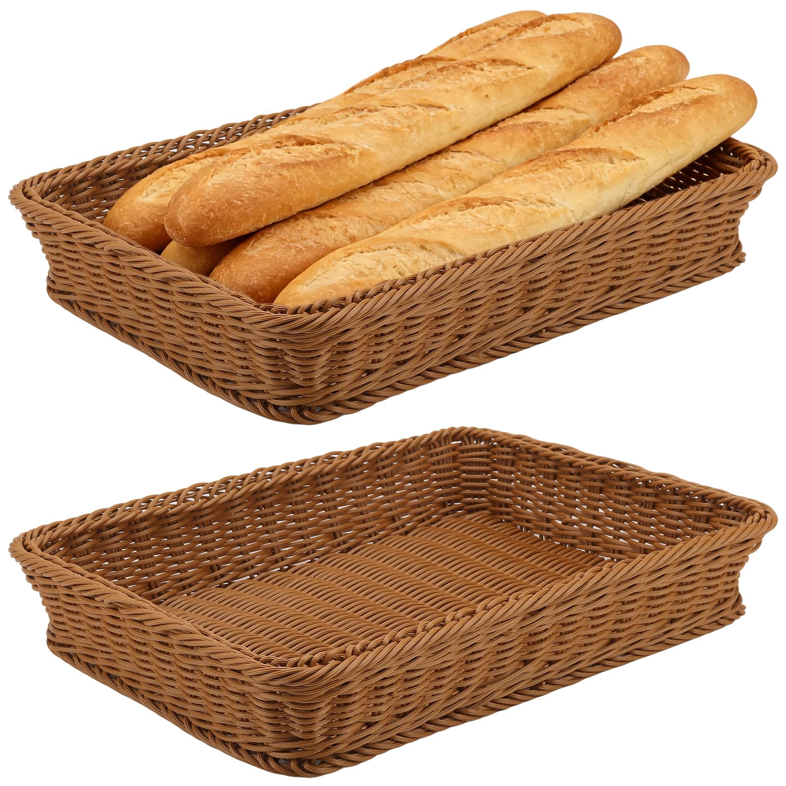 Japchet Brown 2 Pack Imitation Wicker Bread Basket, 40X30x7cm Rectangular Food Serving Basket For Kitchen, Restaurant, Display