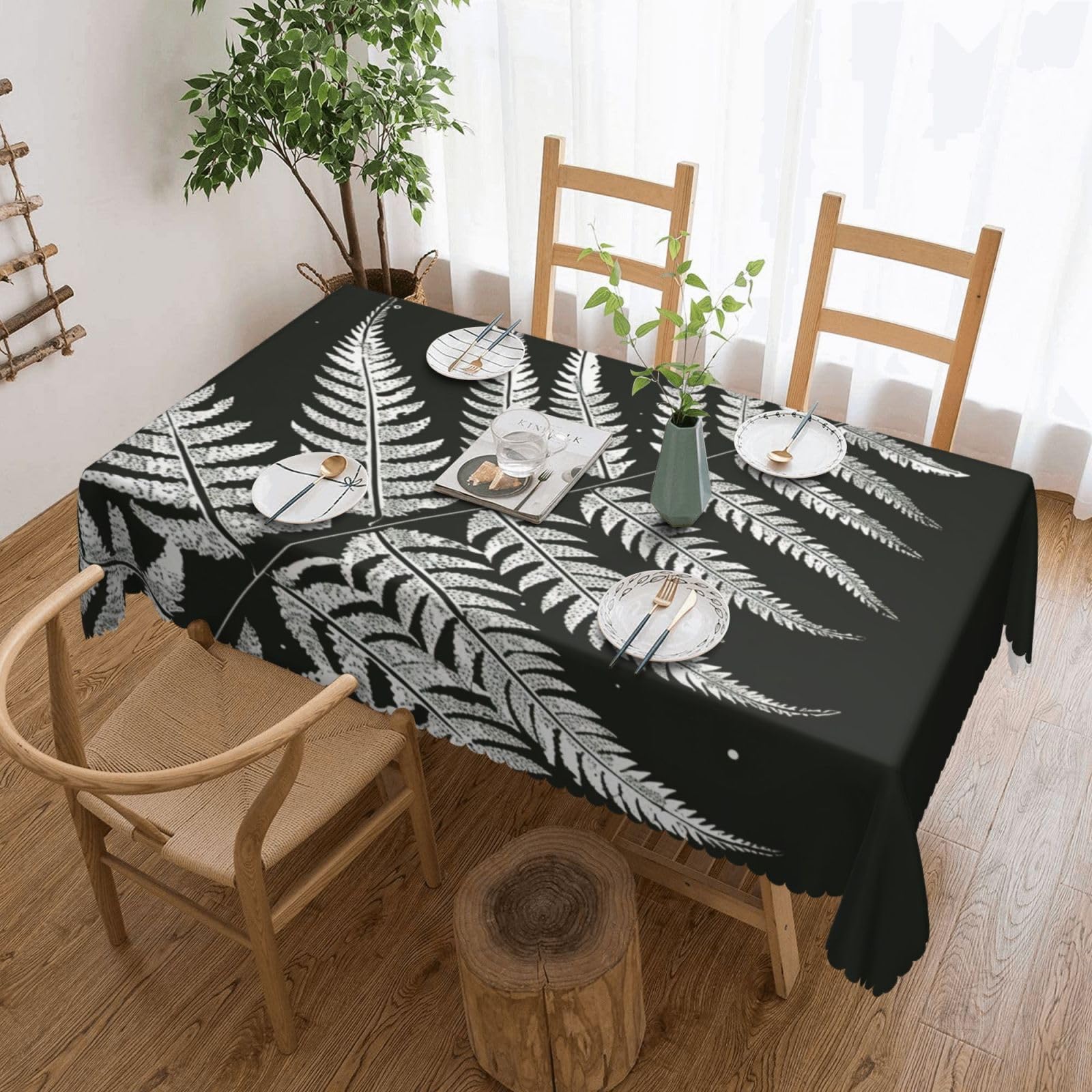 WPKJU Natural Plant Silhouette Fern Leaf Printed Rectangle Tablecloth 72x54 Inch with Lace Trim, Water-Resistant Washable Table Cover for Farmhouse Weddings, Outdoor Picnics & Holiday Dining