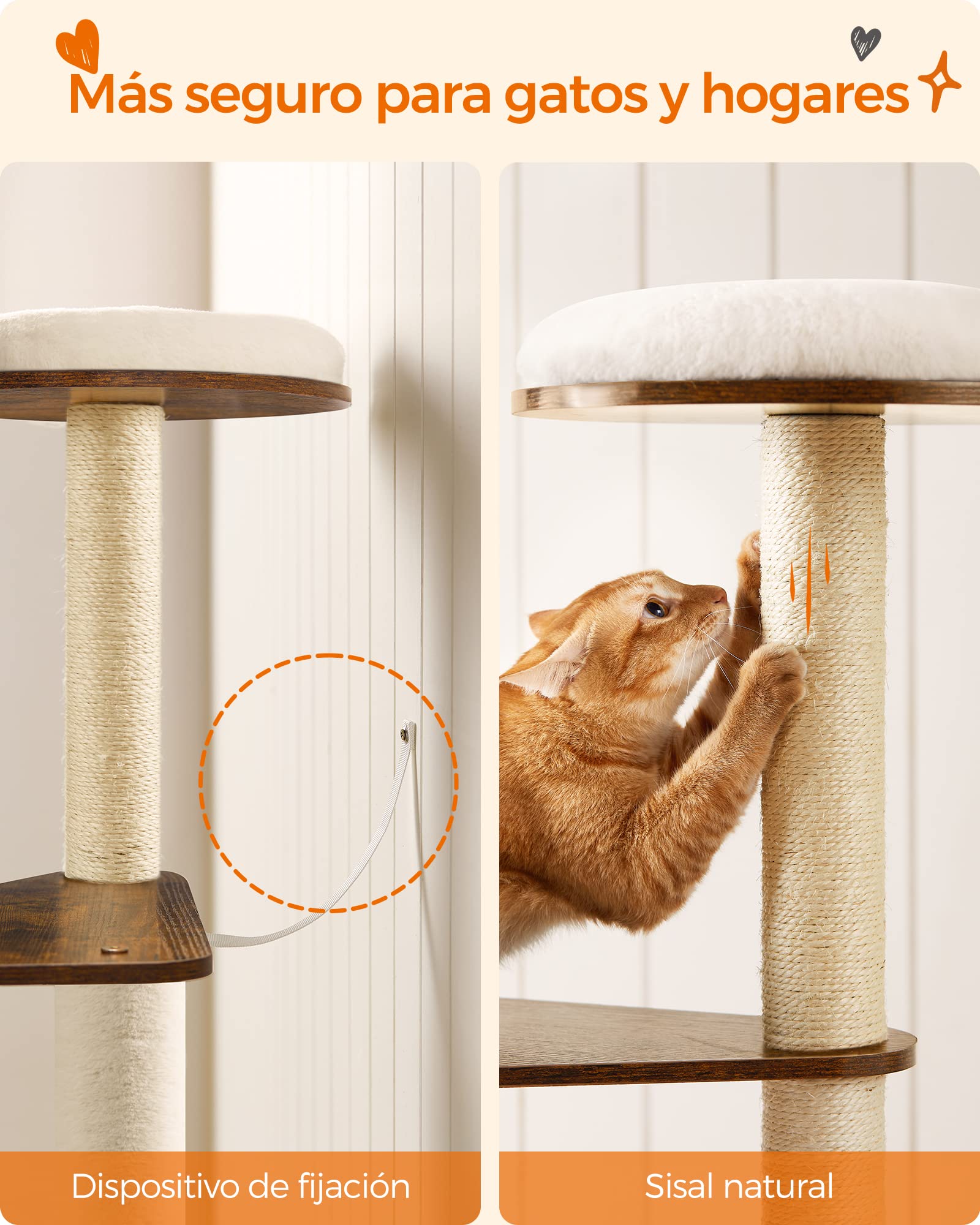 Feandrea Árbol para Gatos, Torre de Gatos 165 cm, 5 Postes para Arañar, Cojines Lavables y Desmontables, Plataforma, Cueva, Mueble de Interior, Marrón Rústico PCT166X01